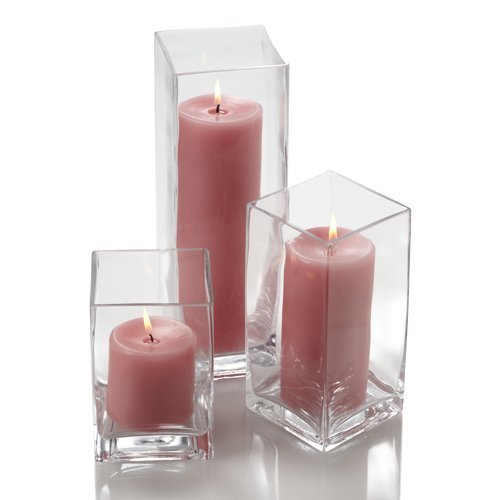 Richland Set of 18 Glass Eastland Square Vases & 18 Pink Pillar Candles - Elegant Home Decor for Weddings, Centerpieces, and Romantic Dinner Settings