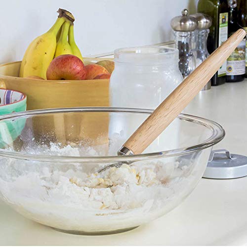 VALINK 9 Inch Stainless Steel Danish Dough Whisk with Wood Handle - Heavy Duty Kitchen Baking Tool for Mixing Bread, Cookies, Pizza Dough & Cake Batter - Perfect for Home Bakers & Professional Chefs
