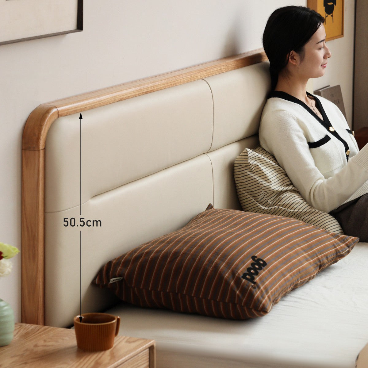 Solid Oak Wood Leather Upholstered Soft Bed - Queen Size, Modern Platform Bed Frame with Headboard for Bedroom, Living Room, Guest Room