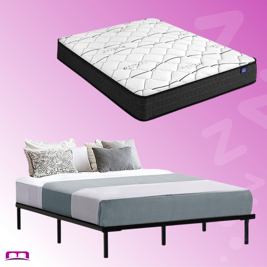 Premium Double Package Ted Metal Bed Frame with Black & Gray Bonnell Spring Mattress - Medium Firm Support for Ultimate Comfort | Ideal for Master Bedrooms, Guest Rooms & Dormitories