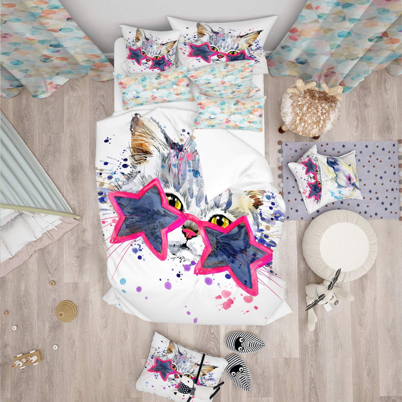 Designart Blue Cute Kitten Stars Modern Duvet Cover Set - Full/Queen Size with 2 Pillow Shams - Soft Bedding for Kids Room & Cozy Bedroom Decor