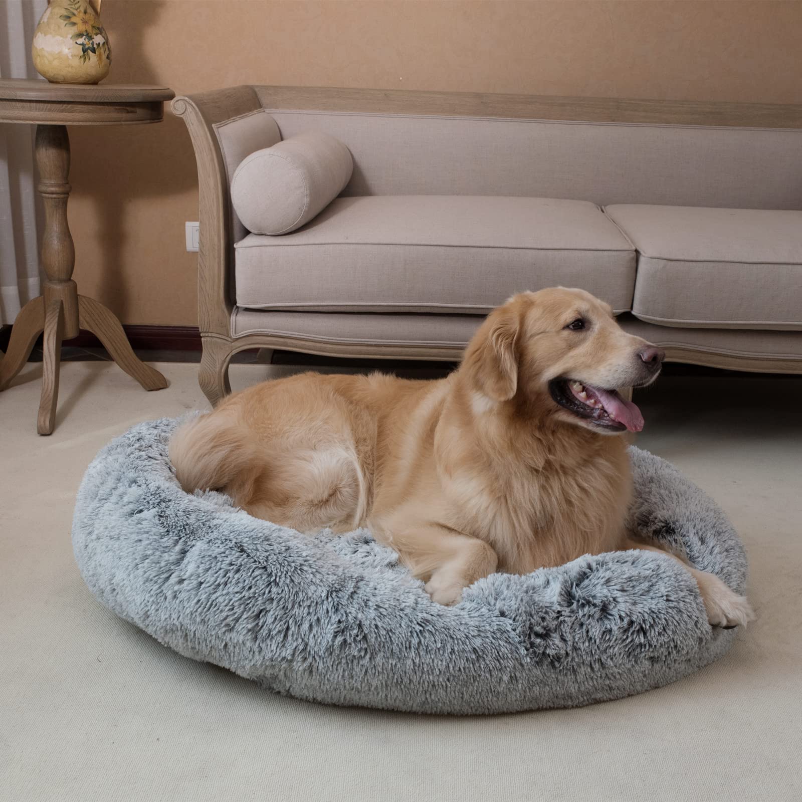 Coohom Oval Calming Donut Cuddler Dog Bed - Washable Shag Faux Fur Pet Bed for Small & Medium Dogs (XXL 43