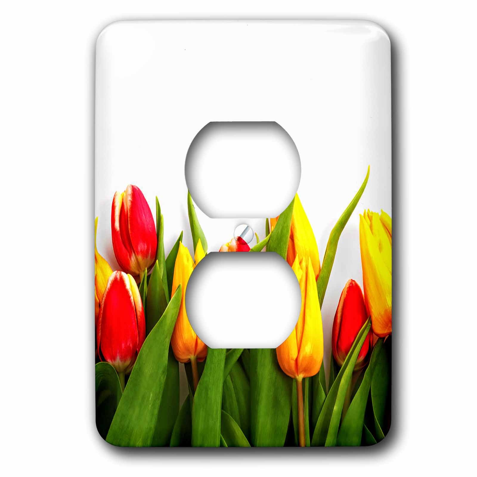 3D Rose Light Switch Cover - Lovely Row of Red and Yellow Tulips on White Background - Decorative Wall Plate for Bedroom, Living Room, Kitchen & Office