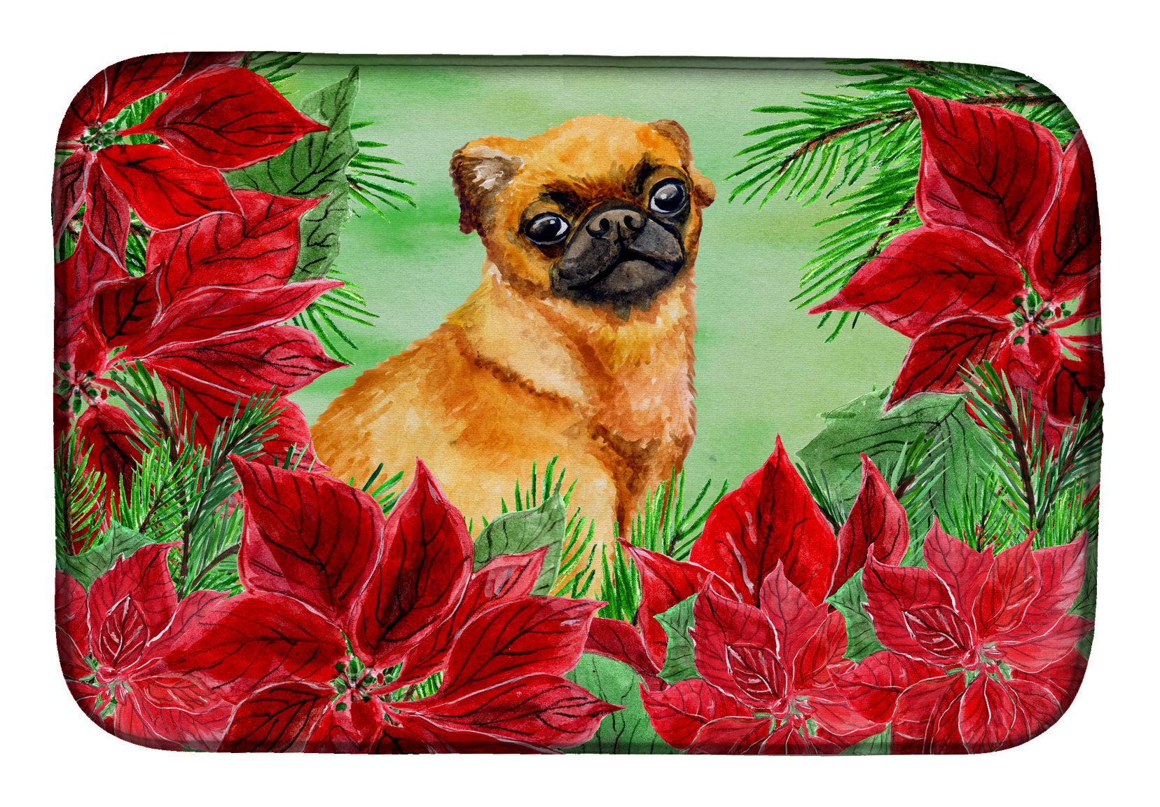 Brabant Griffon Poinsettas Dish Drying Mat - Absorbent Kitchen Counter Mat (14x21