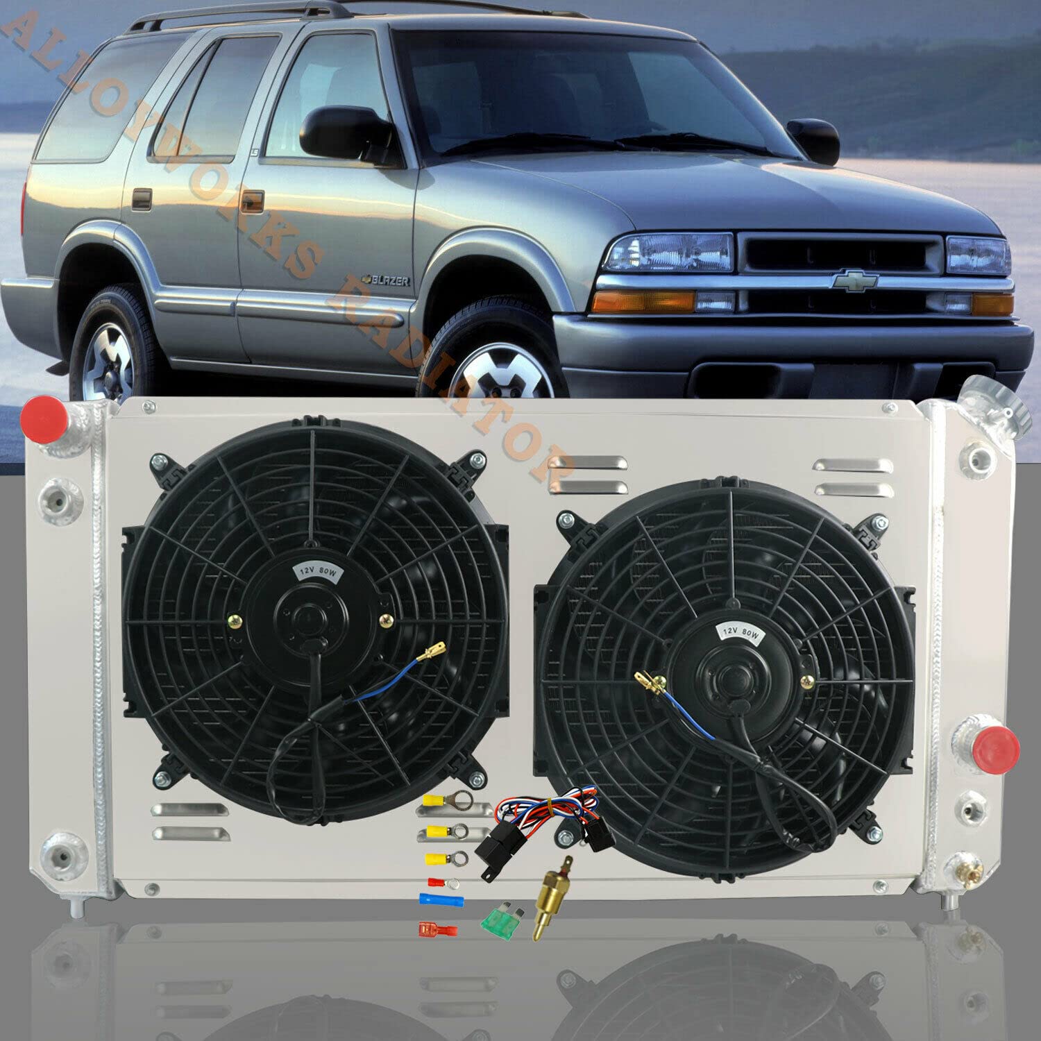 ALLOYWORKS 4-Row Core All-Aluminum Radiator with Shroud Fan Kit & Relay for 1996-2005 Chevy Blazer S10 Pickup Truck/GMC Jimmy Sonoma V6 V8 - High-Performance Cooling Upgrade for Off-Road & Towing