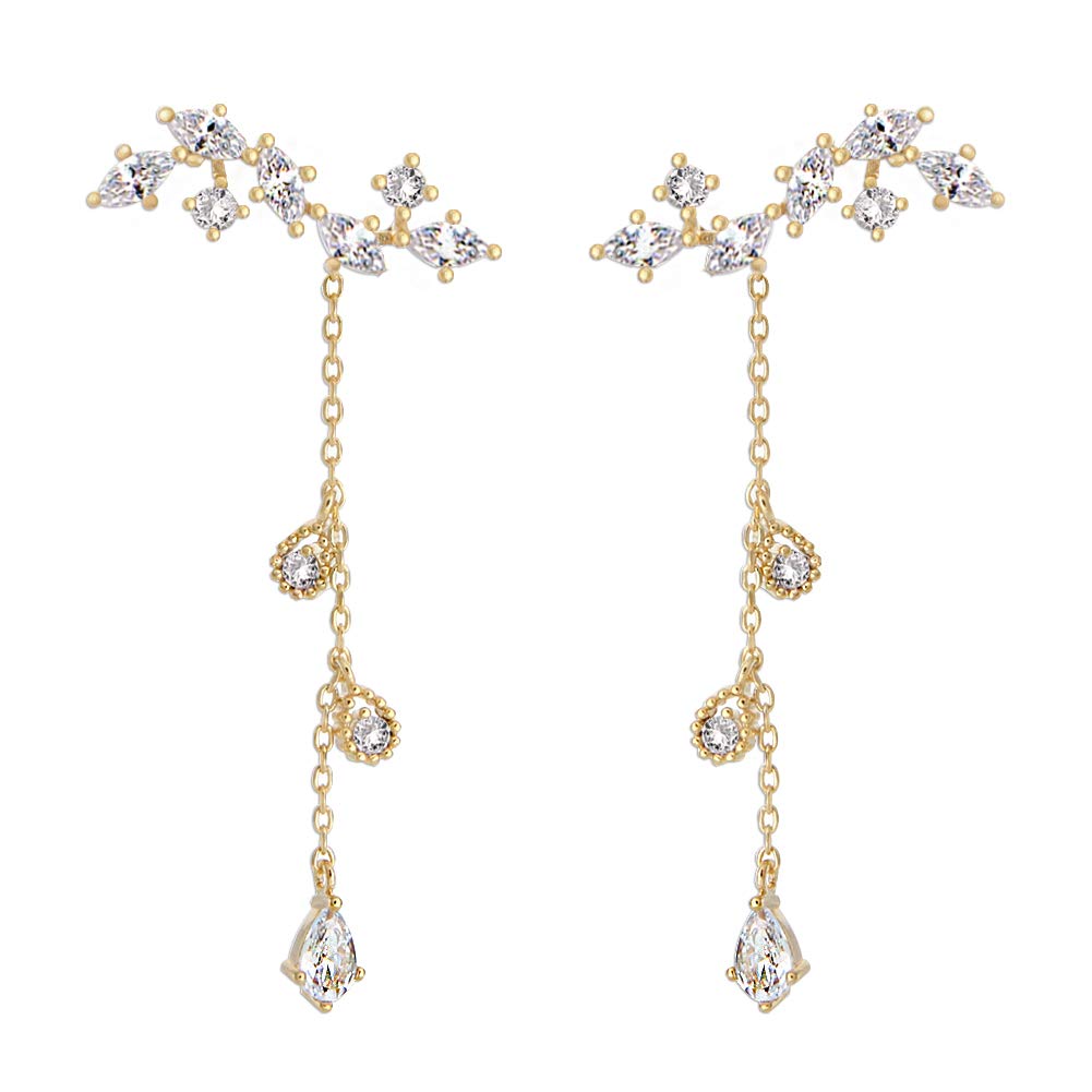 CZ Leaf Wrap Earrings for Women - Teardrop Crystal Threader Chain for Party & Wedding