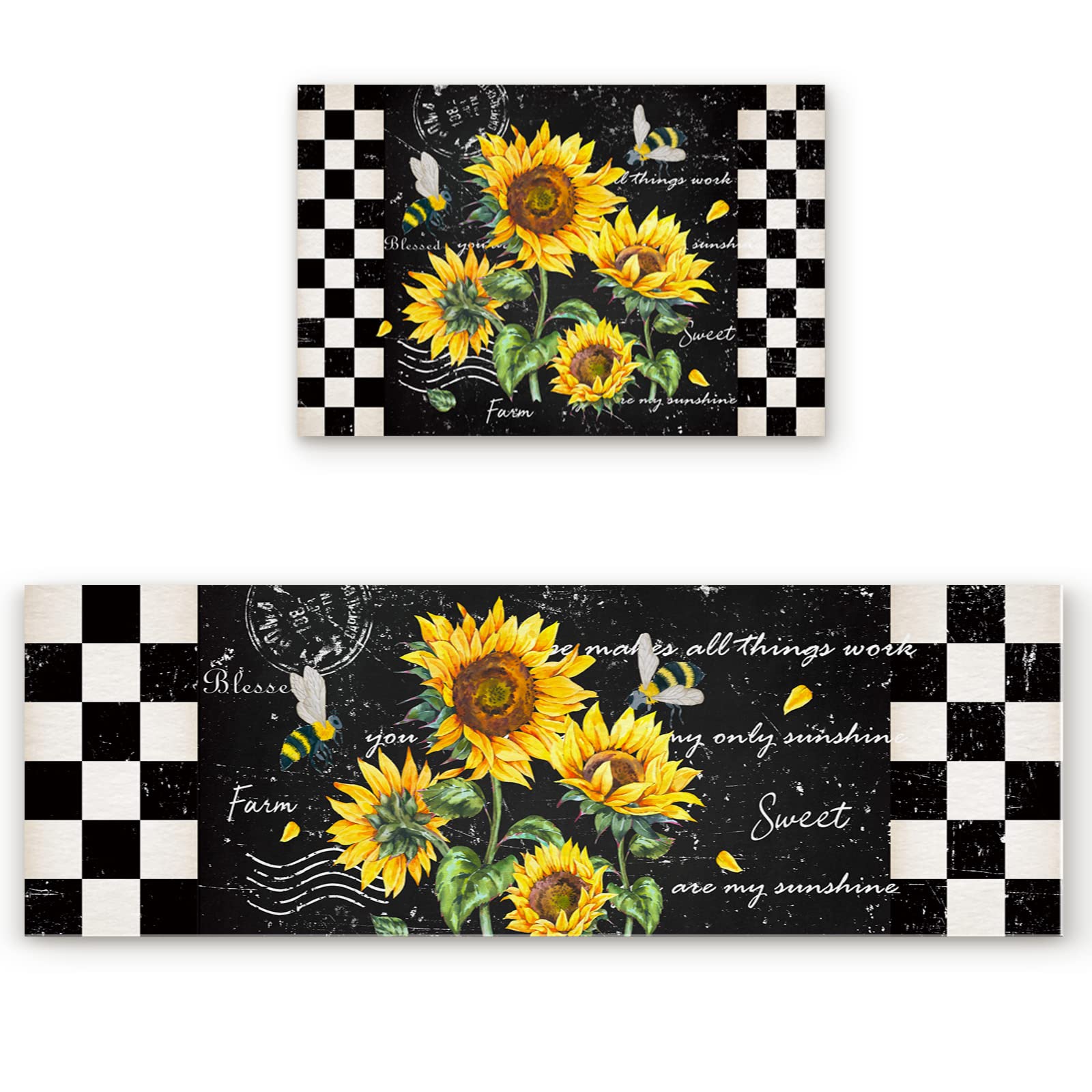 Sunflower Farmhouse Kitchen Rugs Set of 2 - Non-Slip Washable Anti-Fatigue Mats for Kitchen, Bathroom & Living Room - Buffalo Plaid Design (19.7x31.5in + 19.7x47.2in) - Perfect for Farmhouse, Cottage & Rustic Home Decor