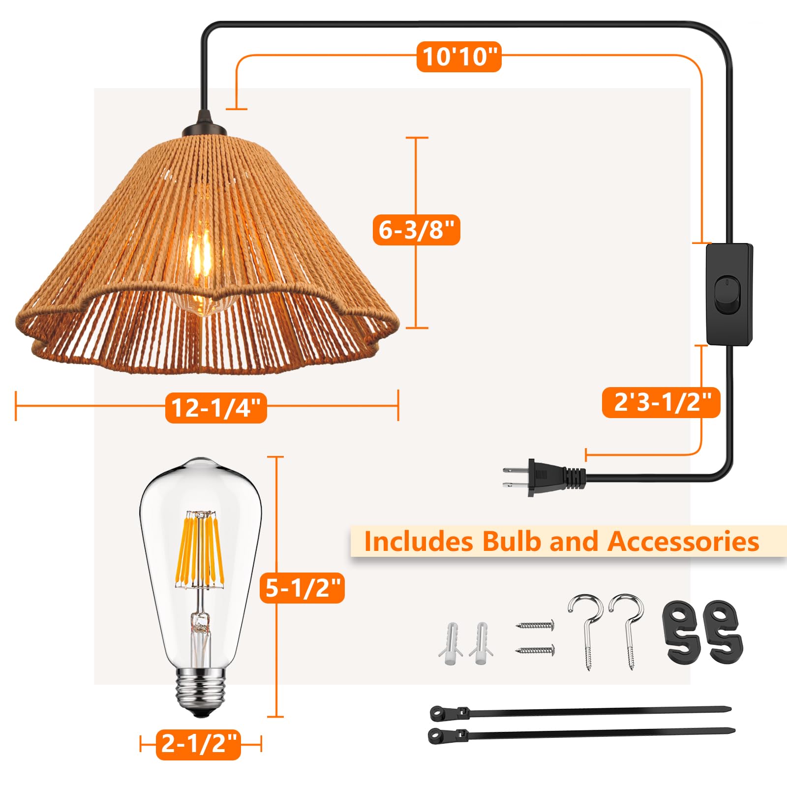Handwoven Rattan Plug-in Pendant Light with Wicker Woven Lampshade (Includes Bulb) - 2-Pack Brown Hanging Lights with Cord - Boho Ceiling Fixture for Living Room, Kitchen, Bedroom & Dining Area - Perfect for Farmhouse, Coastal & Modern Decor