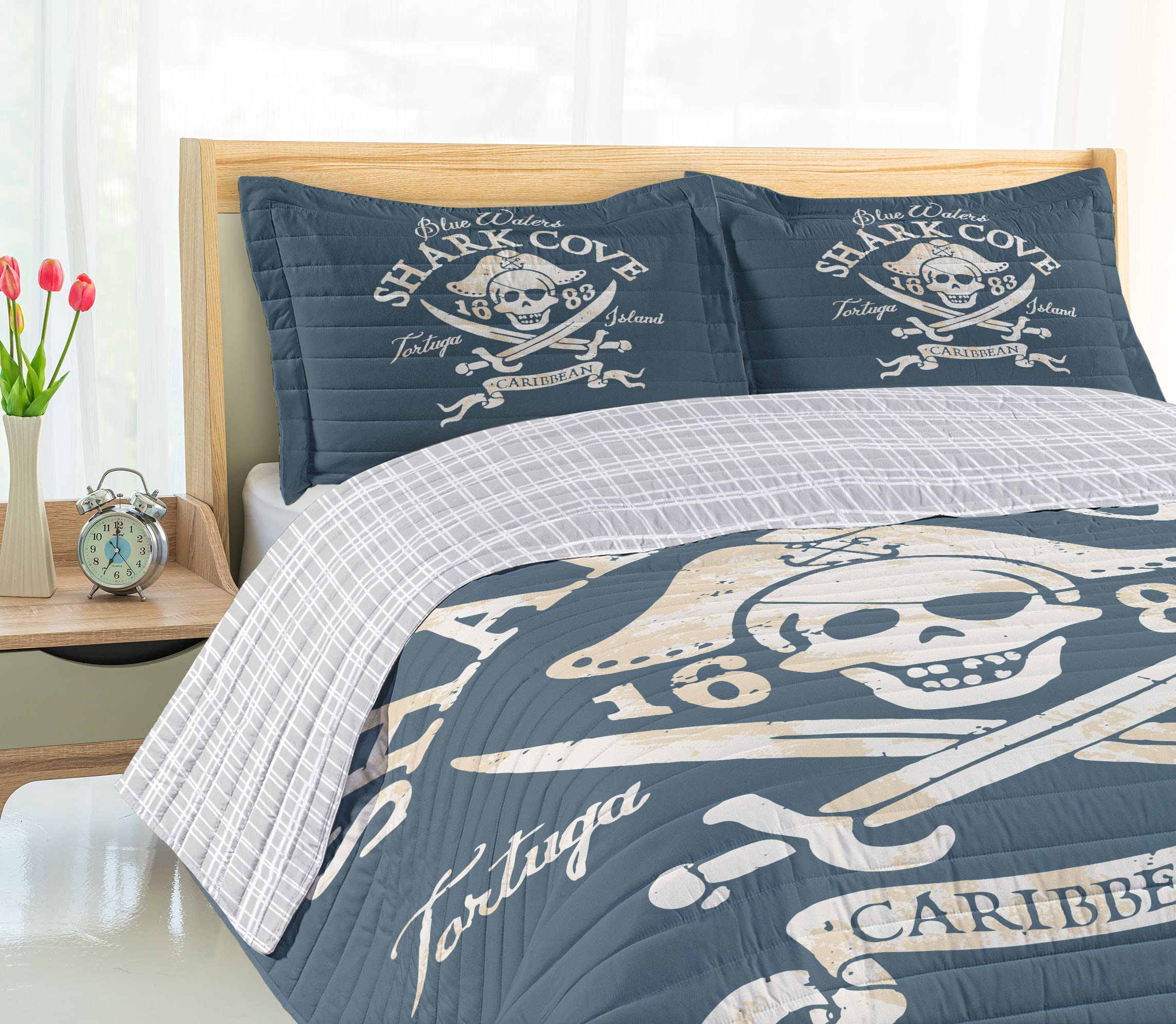 Ambesonne Pirate Reversible Bedspread Set - Shark Cove Tortuga Island Caribbean Waters Retro Jolly Roger Design | Microfiber Comforter & Pillow Shams | Queen Size Bedding in Pale Mustard & Slate Blue | Perfect for Nautical Themed Bedrooms, Pirate Lovers & Coastal Decor