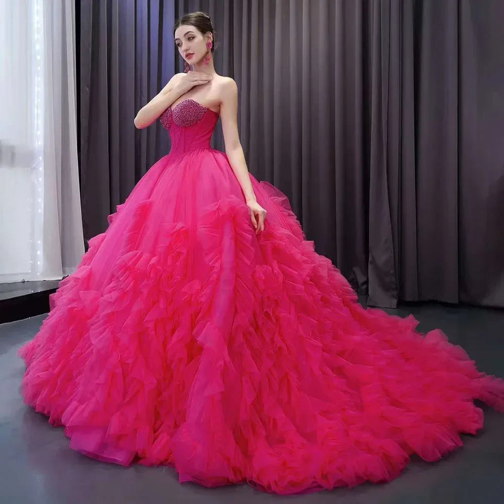 Serene Hill Fuchsia Elegant Boat Neck Lace-Up Pearl Beaded Luxury Wedding Dress 2025 | High-End Custom Made Bride Gown HM231108 | Perfect for Bridal Ceremonies, Vow Renewals & Formal Events