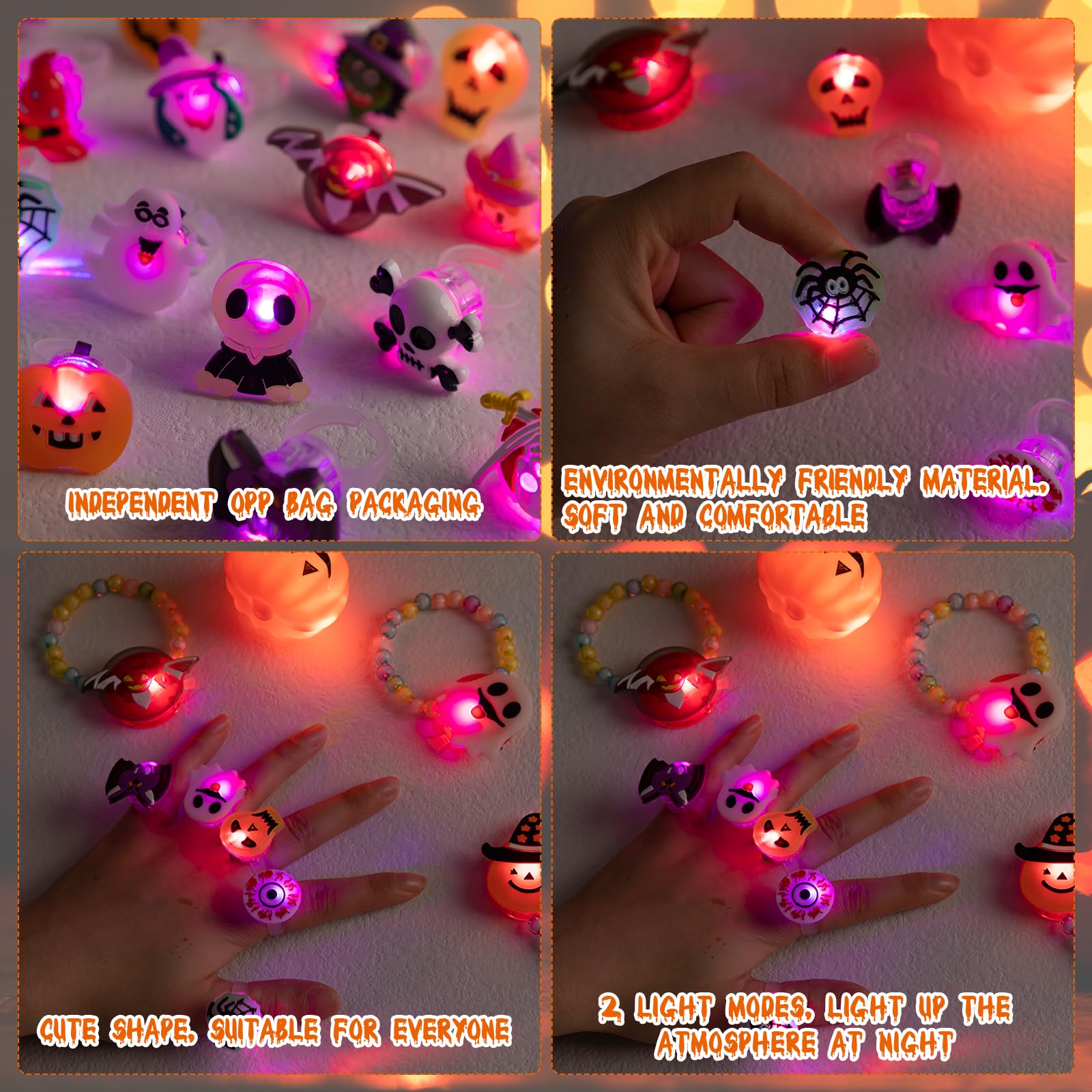 300 Pcs Halloween LED Light Up Rings - Glow in The Dark Party Favors, Trick or Treat Bag Fillers, Bulk Halloween Toys for Kids, Halloween Party Supplies & Decorations - Perfect for Trick or Treating, Haunted House Parties & Halloween Events