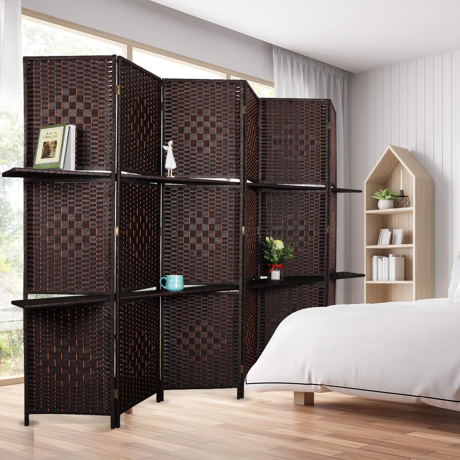 6 Panels 6 FT Tall Extra Wide Woven Fiber Room Divider with 2 Shelves - Double Hinged Folding Privacy Screen - Freestanding Partition for Living Room, Bedroom, Office (Coffee Brown)