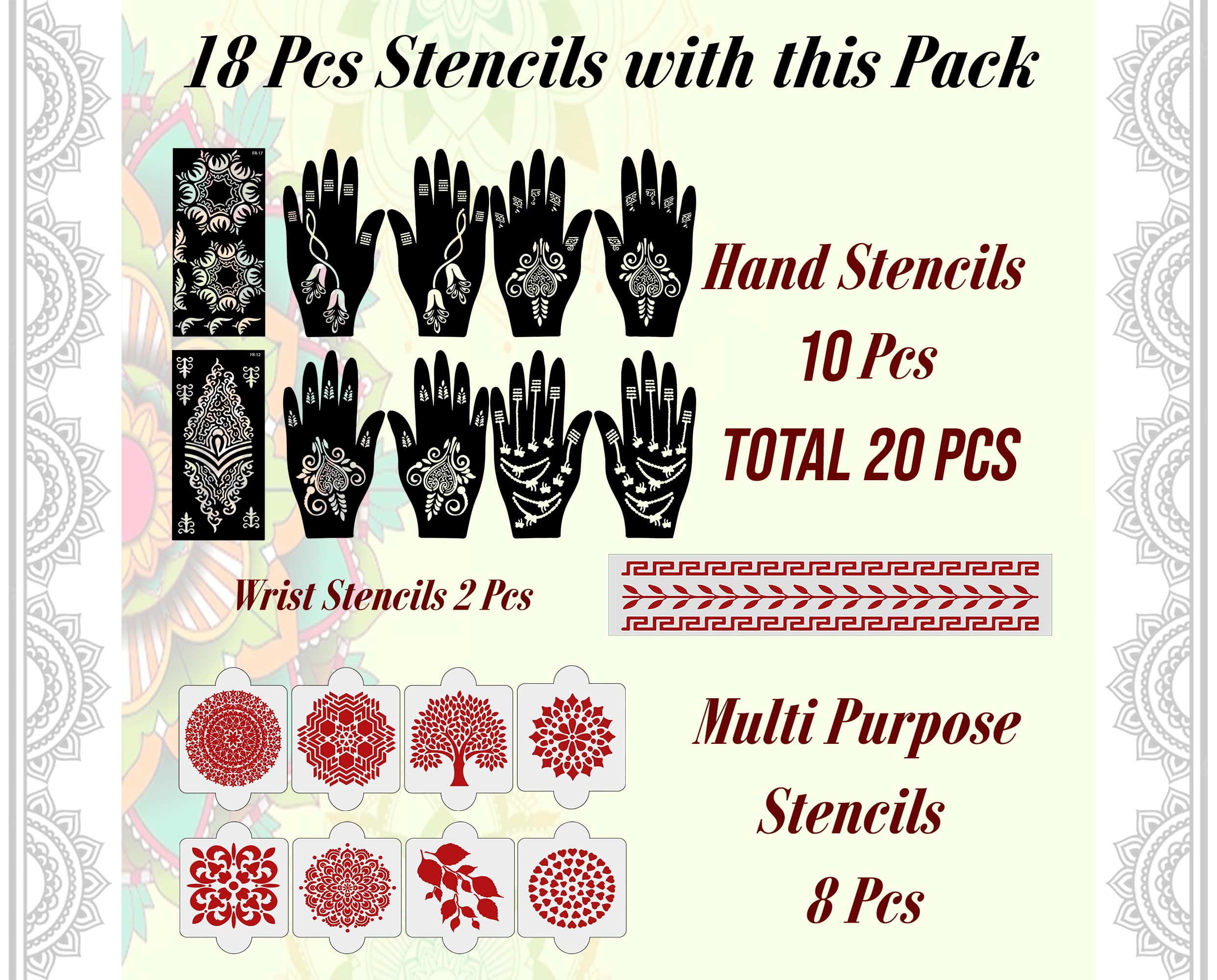 20 Pcs Reusable Henna Tattoo Stencils Kit for Hands - Easy DIY Mehndi Design Stickers for Girls, Women & Kids | Perfect for Parties, Weddings & Festivals | Quick & Safe Temporary Body Art