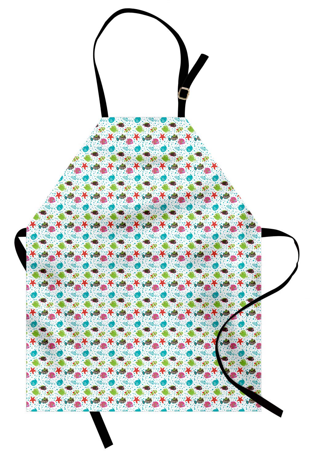 Ambesonne Underwater Themed Apron - Doodle Fish, Starfish, Anemone & Butterflyfish Design - Adjustable Unisex Kitchen Bib for Cooking, Baking, BBQ & Gardening - Waterproof Adult Size Apron for Home Chefs & Outdoor Enthusiasts