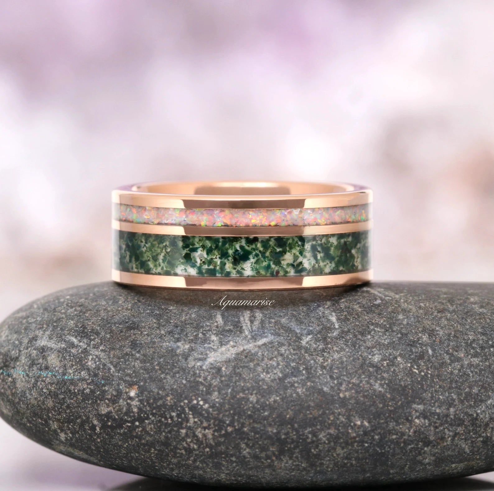 Natural Moss Agate & Fire Opal Couples Ring Set for Women & Men – Handmade Sterling Silver Wedding Band, Anniversary Gift for Couples, Perfect for Engagements, Valentine's Day & Romantic Occasions