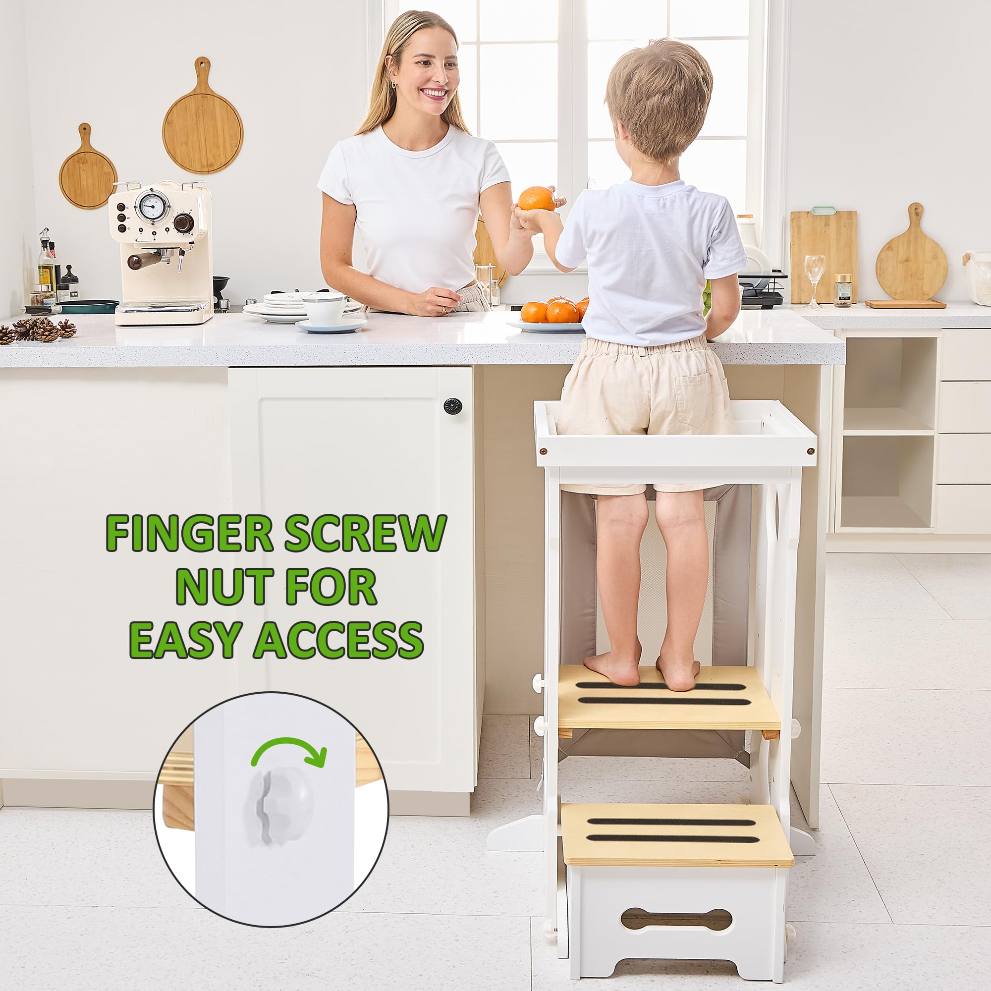 Bateso Adjustable Wooden Toddler Step Stool - Kitchen Helper Tower with 2 Removable Safety Nets & Non-Slip Mats - 4 Height Levels for Kids Ages 1-6 - Perfect for Cooking, Bathroom Sink, and Countertop Access