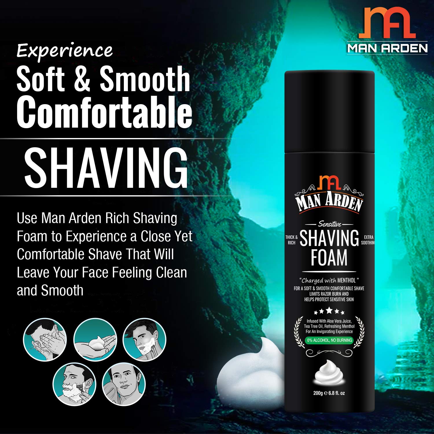 Man Arden Sensitive Skin Shaving Foam with Menthol, Aloe Vera & Tea Tree Extract - 200g for Men - Soothing & Cooling Shave for Irritated Skin - Perfect for Daily Grooming & Post-Shave Care