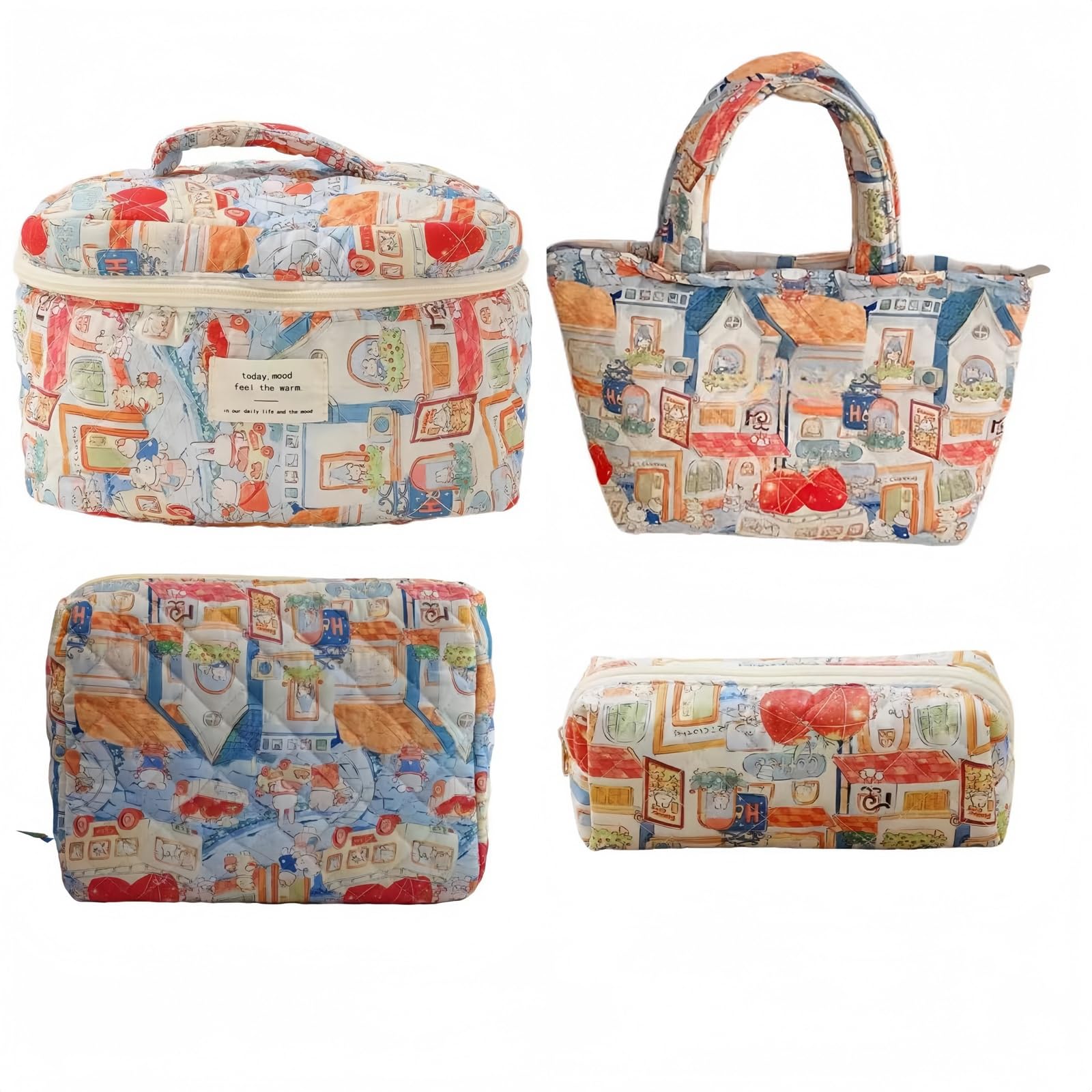 Coastal Floral Quilted Makeup Bag Set of 4 - Cute Cotton Cosmetic Organizer with Coquette Flowers Design for Women (Bear Print) - Perfect for Travel, Beach Trips & Daily Beauty Essentials Storage