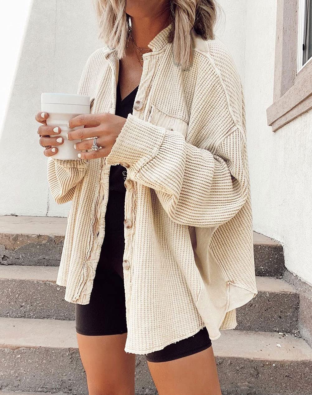 Women's Loose Fit Batwing Sleeve Waffle Knit Button Down Shirt Shacket - Casual Oversized Tops for Fall & Winter Layering, Workwear, and Everyday Outfits