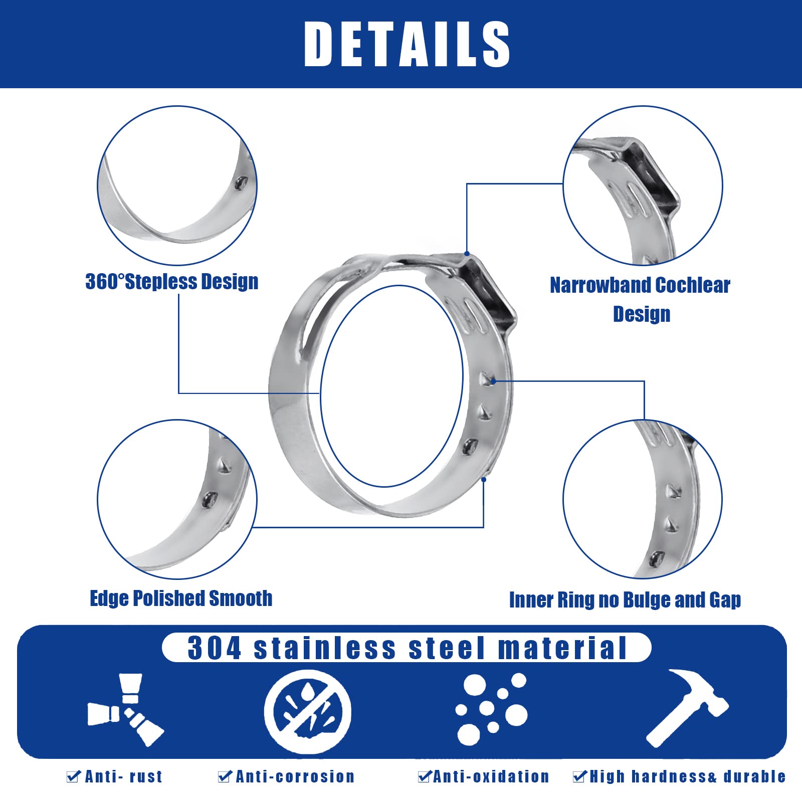 200PCS Single Ear Hose Clamps Kit - 12 Sizes (5.3-33.1mm) 304 Stainless Steel Crimp Clamps with Pincer Tool - Secure Pipe Hoses for Automotive, Plumbing, and Marine Applications - Includes Storage Case