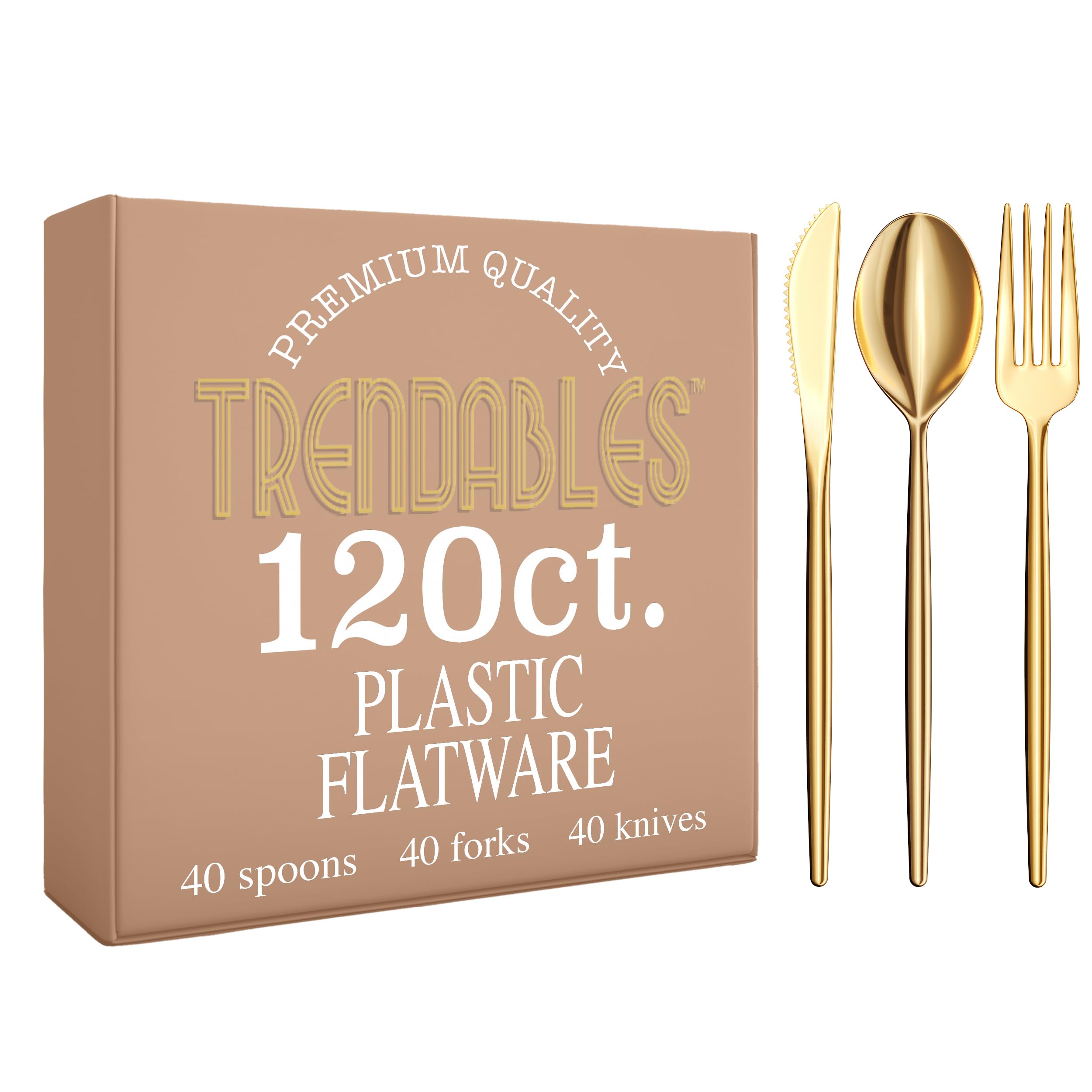 Premium 120-Pack Gold Plastic Cutlery Set - Disposable Forks, Knives & Soup Spoons for Parties, Events & Catering | Elegant Disposable Silverware for Weddings, BBQs & Picnics | Trendables