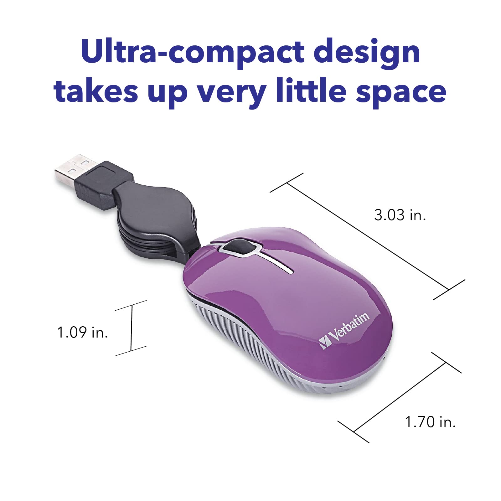 Verbatim Wired Optical USB-A Mini Mouse - Plug & Play Compact Travel Mouse with Retractable Cable (Purple 98617) - Perfect for Laptops, Office & On-The-Go Use