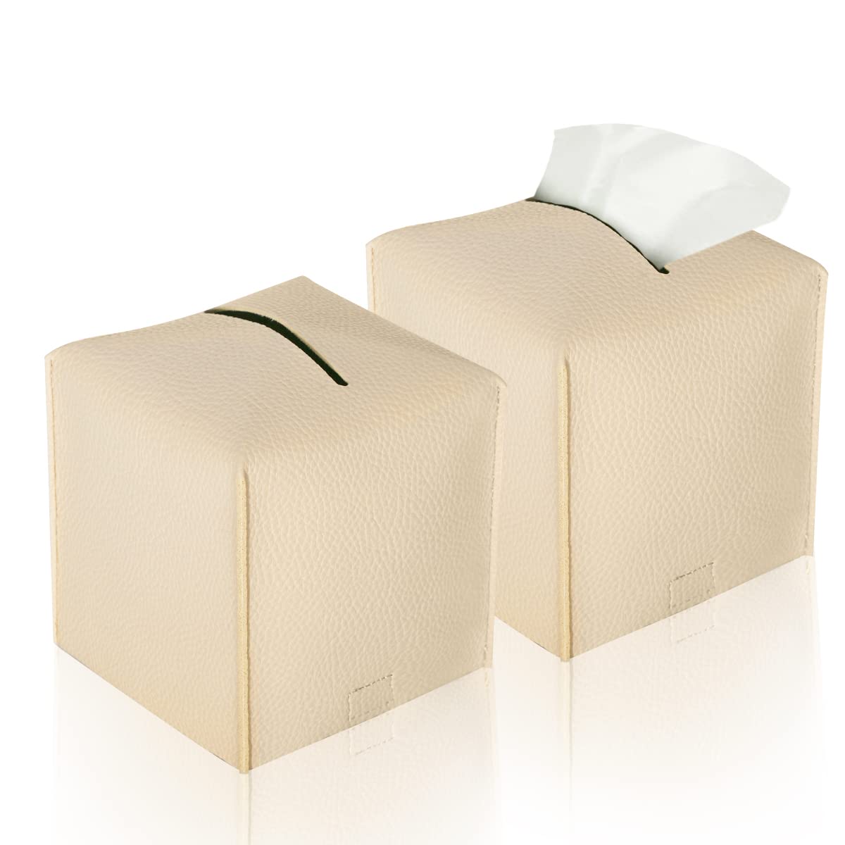 HOMTEK 2-Pack Square PU Leather Tissue Box Cover Holder - Decorative Beige Facial Tissue Organizer for Bathroom, Vanity, Nightstand, Desk & Car (5x5x5 Inches) | Stylish Home & Office Decor Accessory