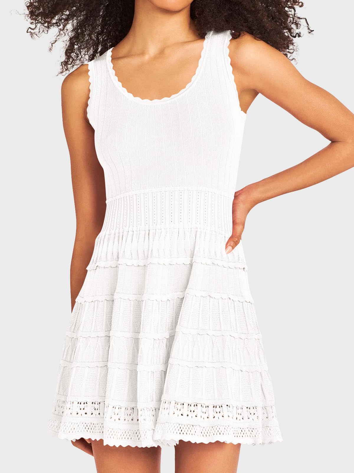 Fisoew Women's Summer Mini Dress - Casual Crewneck Knitted Crochet Hem Flowy Tank Sundress for Beach, Vacation & Outdoor Activities