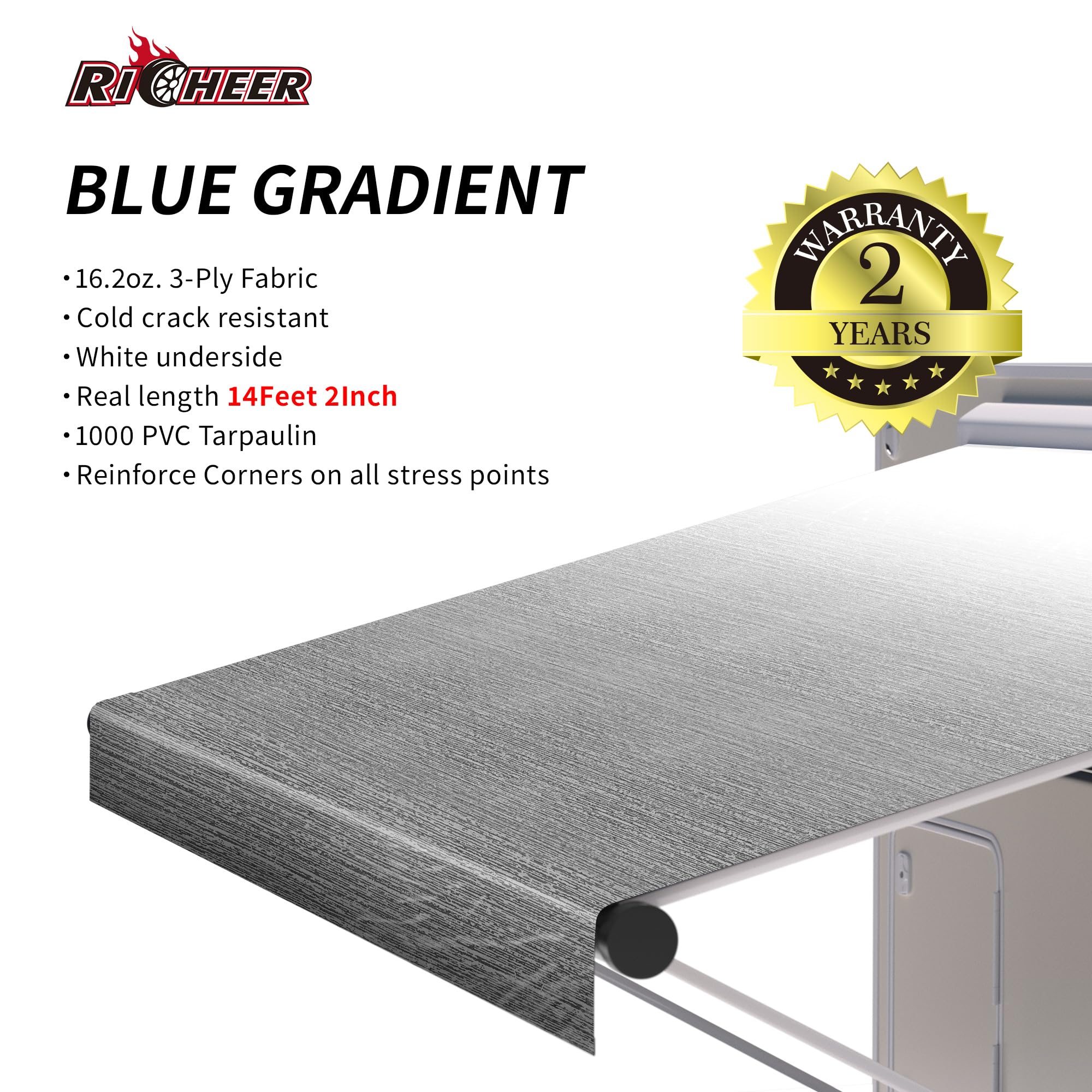 Richeer RV 15' Awning Replacement Fabric - UV Resistant & Weatherproof Universal Canopy for Camper Trailers & Motorhomes - Grey Gradient Single-Sided Print - Perfect for Outdoor Camping & RV Shelter