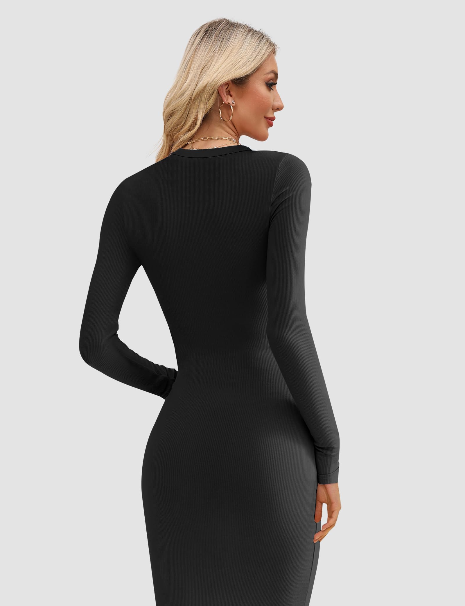 Sexy Black Bodycon Maxi Dress for Women - Long Sleeve Ribbed Crew Neck Elegant Lounge Dress | Perfect for Fall, Parties, Date Night & Casual Wear