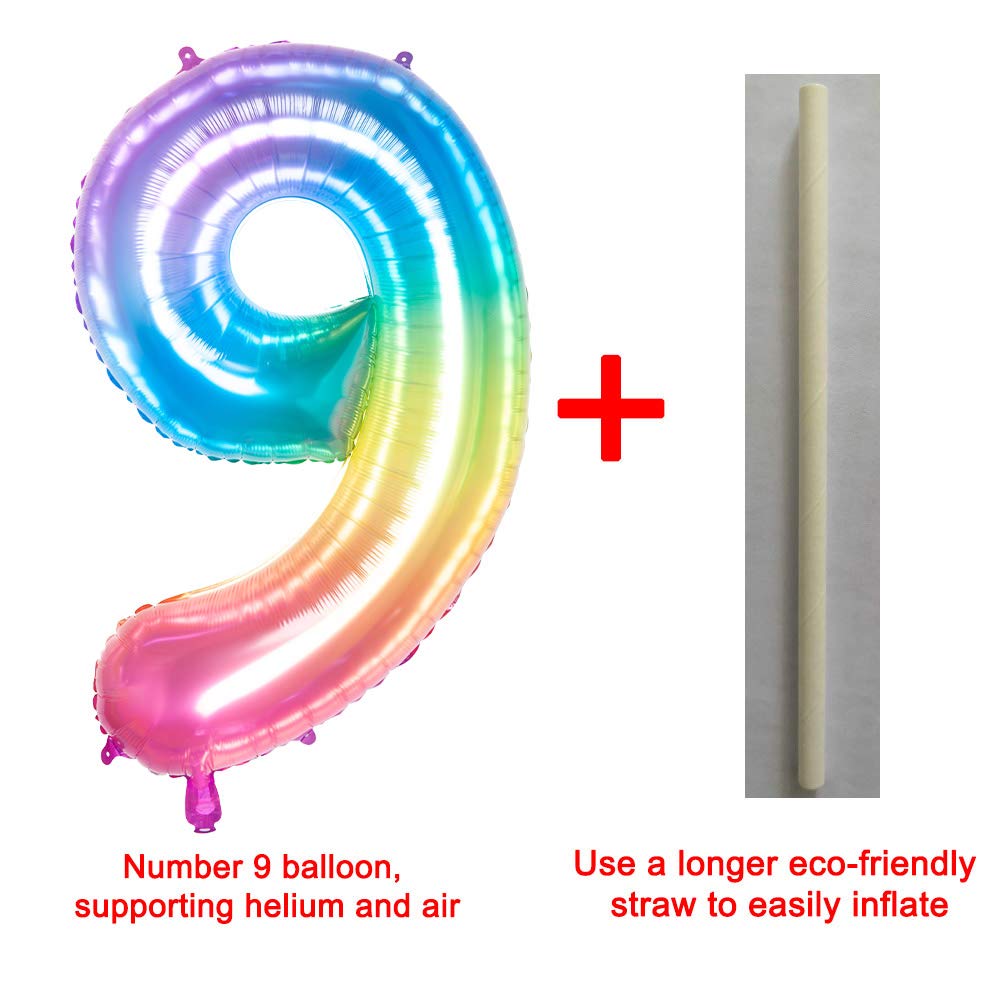 40 Inch Jelly Rainbow Number 9 Foil Balloon - Helium Mylar Birthday Party Decorations for Anniversary, Baby Shower & Gender Reveal Celebrations