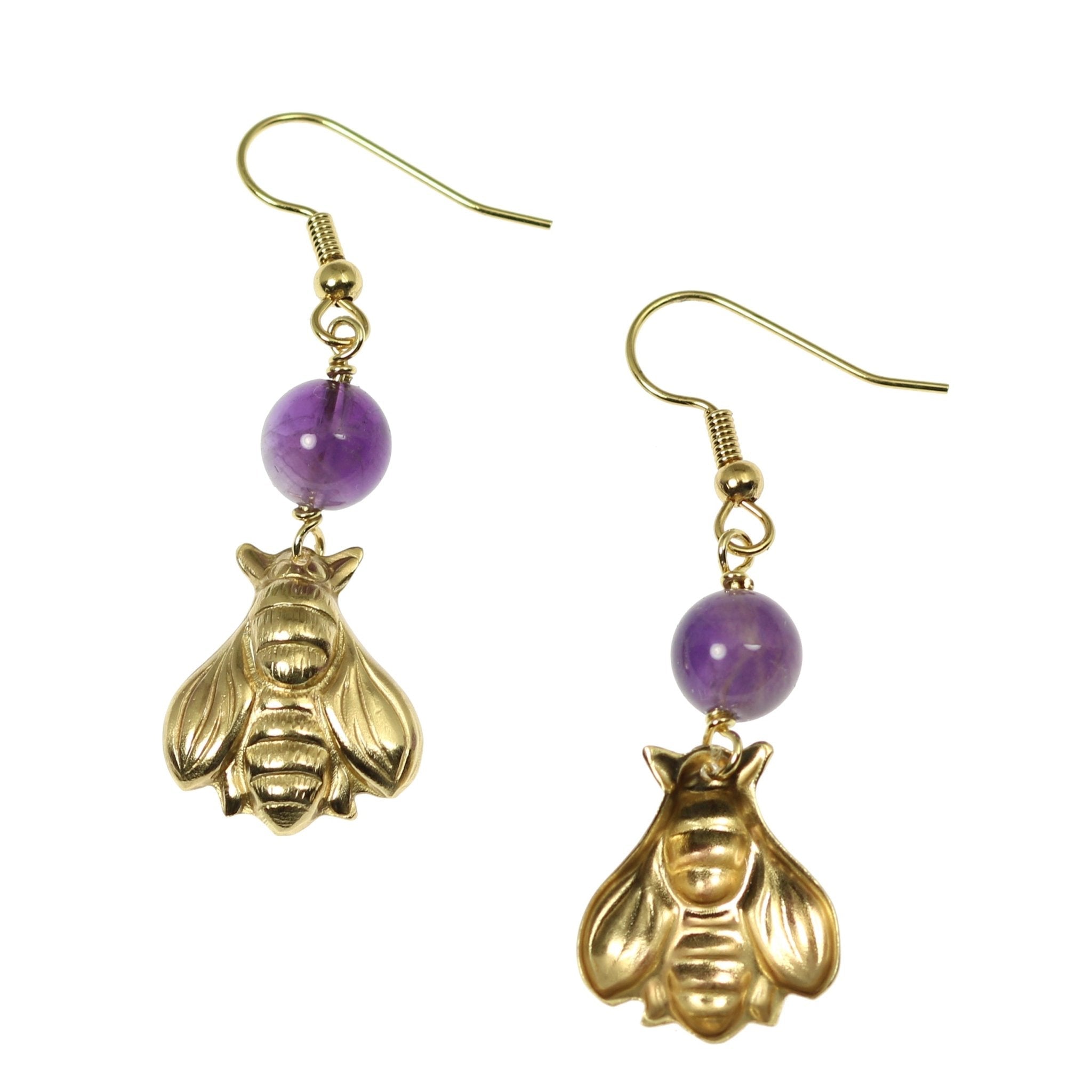 Stylish Nu Gold Honey Bee Earrings with Genuine Amethyst | Elegant Dangle Jewelry for Women | Perfect for Weddings, Parties & Everyday Wear