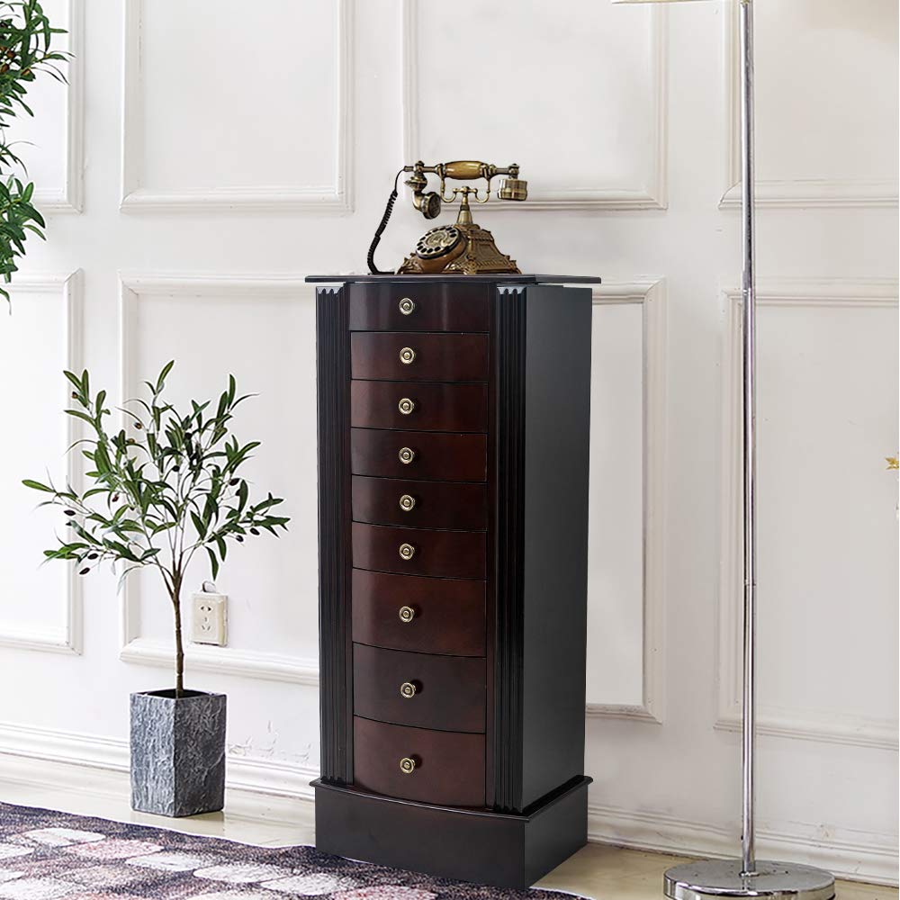 9-Layer Standing Jewelry Armoire Cabinet with 8 Drawers & 2 Swing Doors - Jewelry Box Organizer with 16 Necklace Hooks & Makeup Mirror - Perfect for Bedroom, Closet & Dressing Room Storage