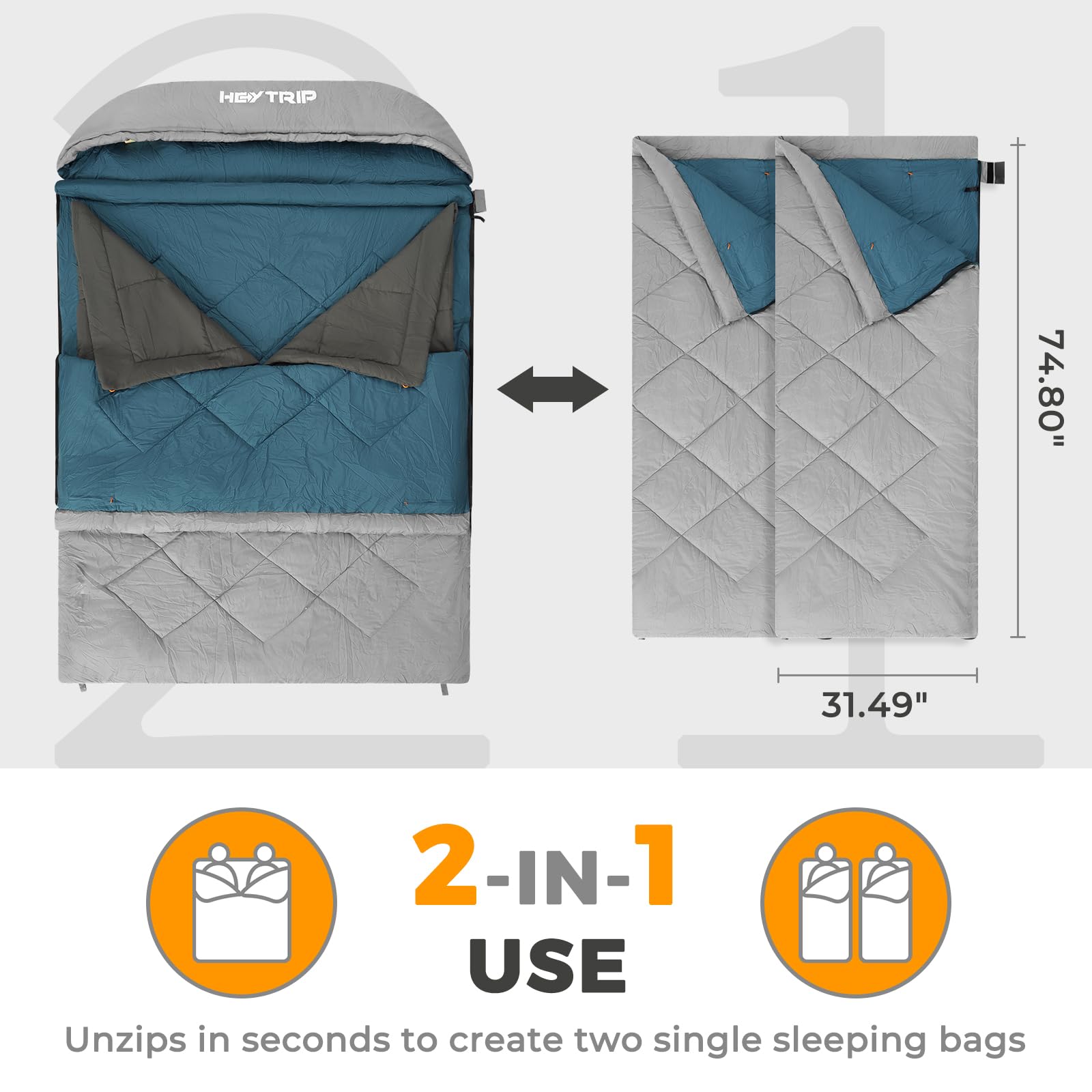 HEYTRIP Double Sleeping Bag with Blanket - Queen Size 2 Person Camping Sleeping Bag for Adults & Couples, 20°F Warm Weather - Perfect for Backpacking, Hiking, and Outdoor Adventures
