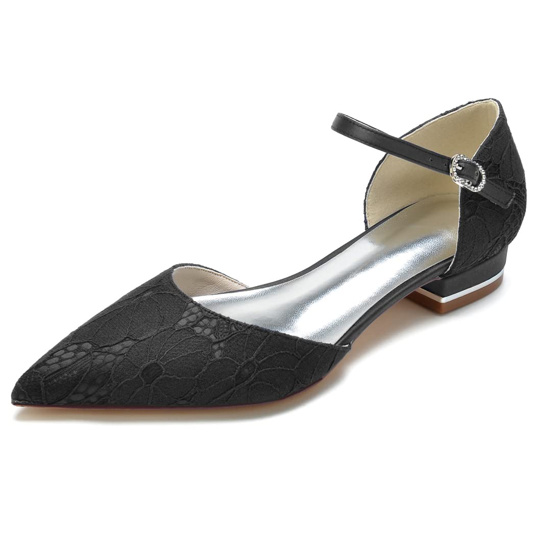 2.5 cm Women's Pointed Toe Satin Lace Ballet Flats with Ankle Strap - Comfortable Dress Shoes for Evening Party, Wedding, Bridal & Casual Wear - Black Size 10.5 US