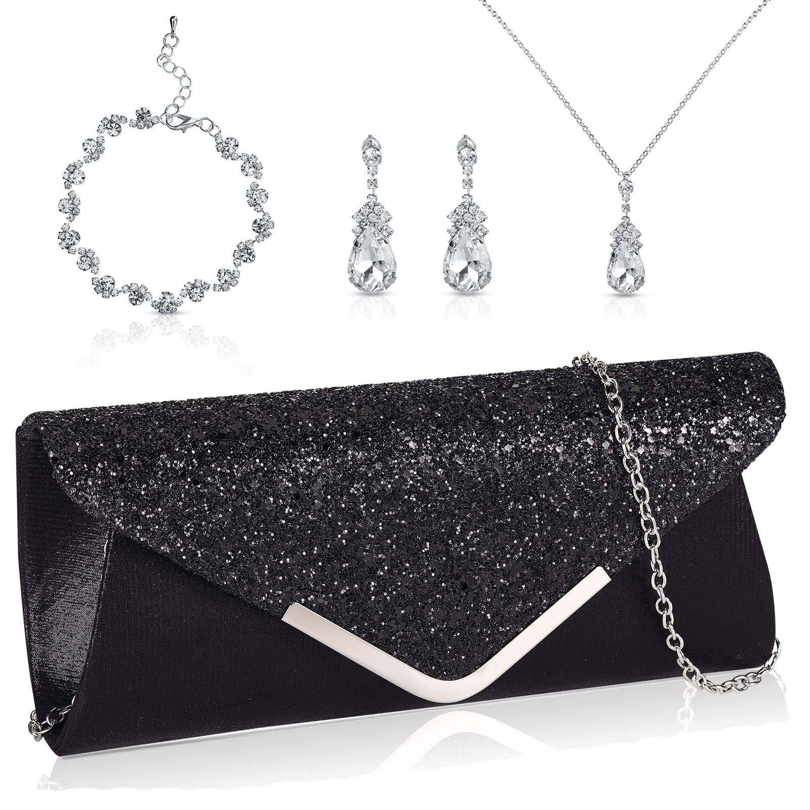 Jadive 4 Pcs Women's Evening Clutch Purse Set with Rhinestone Jewelry - Bling Necklace, Earrings & Bracelet for Prom, Party, Wedding & Special Occasions