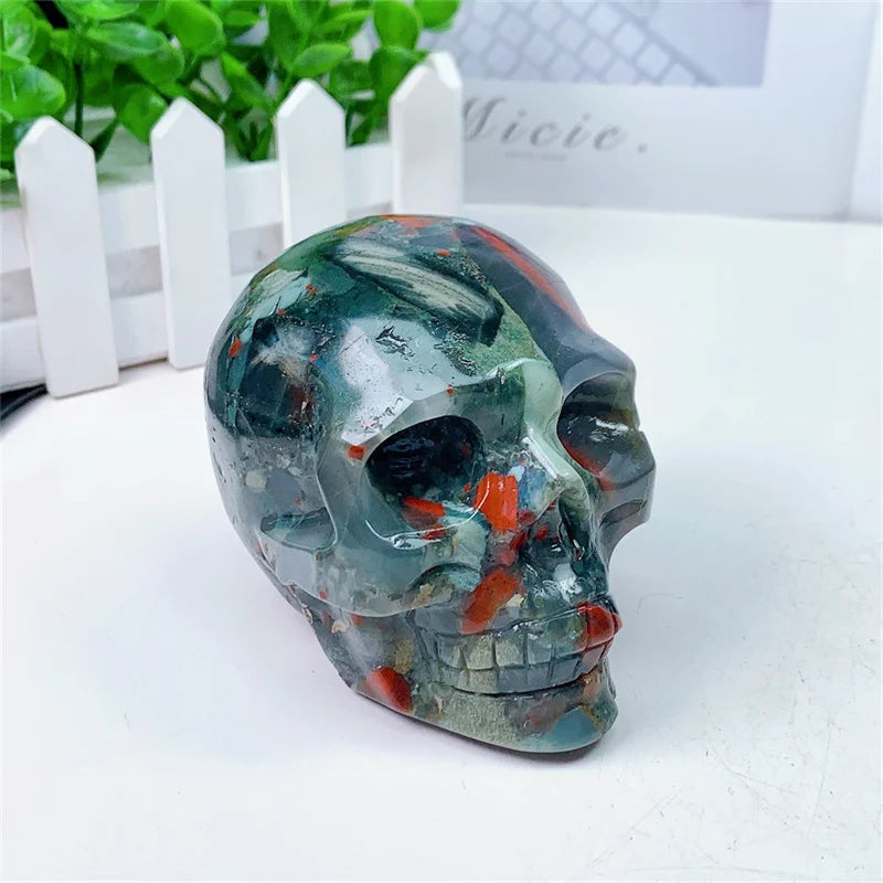 Natural Bloodstone Agate Skull Carving Sculpture - Healing Gemstone Crystal Crafts for Home Decor, Meditation & Spiritual Healing - 1 Piece (0.755kg)