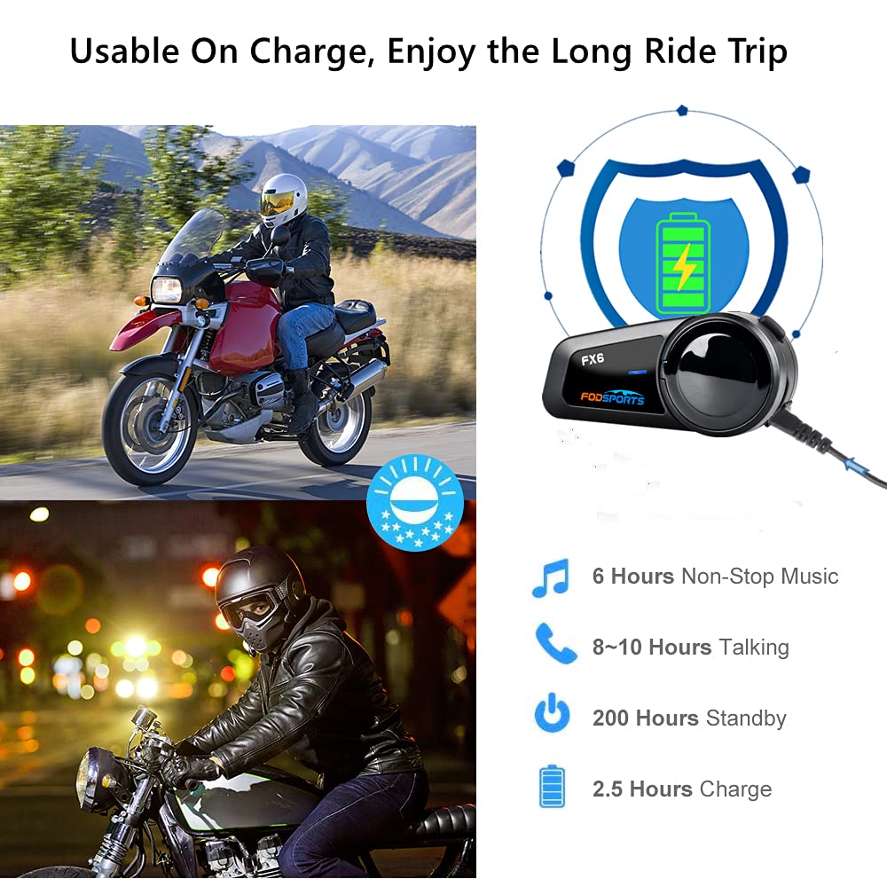 Fordpsorts FX6 Motorcycle Bluetooth Headset Intercom - 6 Riders Group Communication System (1 Pack & 2 Pack Options) | Perfect for Group Rides, Touring & Adventure Motorcycling