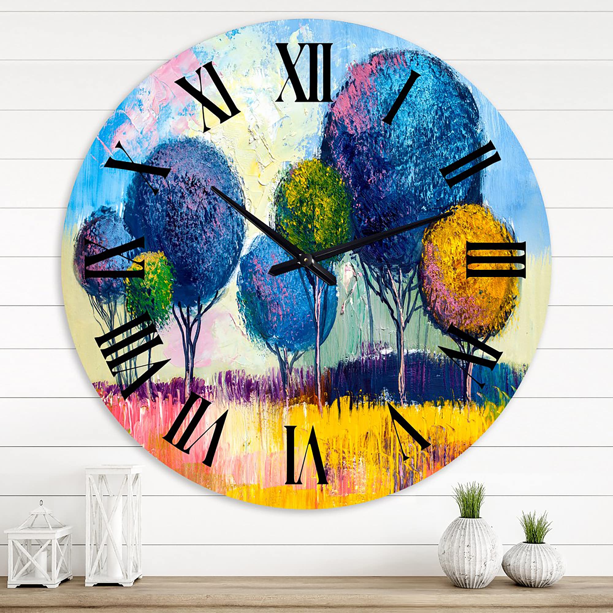 DesignQ Modern Wall Clock 'Autumn Fantasy Trees III' - Large Landscape Nature Wall Clock for Home & Bedroom Decor - Perfect for Living Room, Office, and Gift Giving