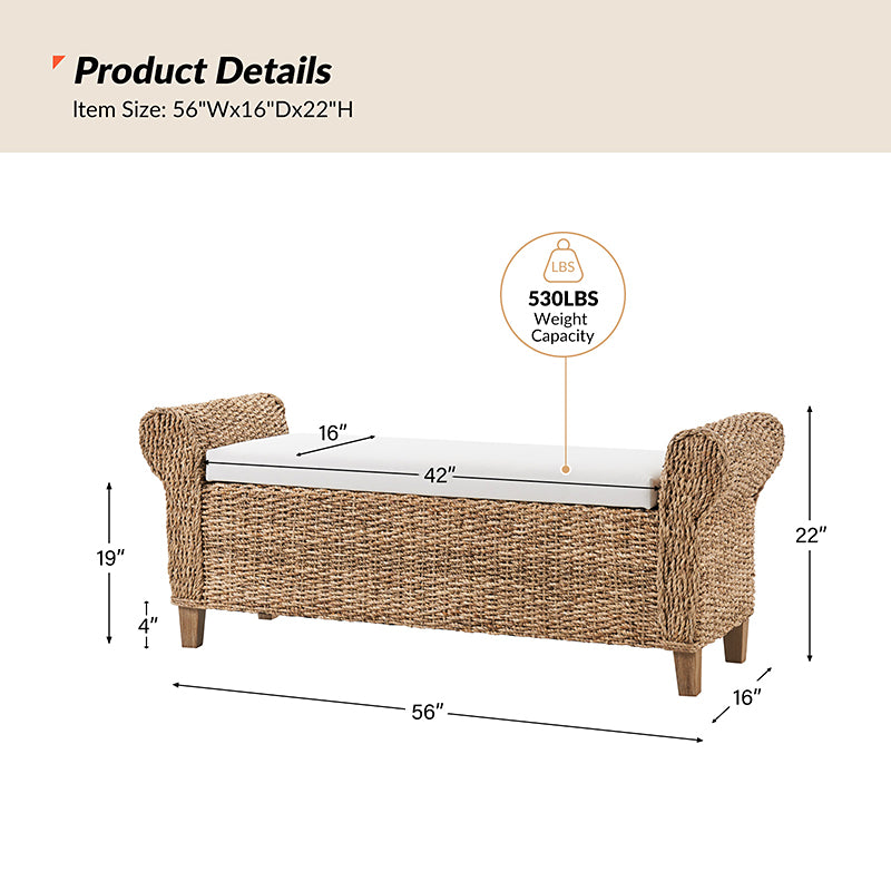 Wilhelm Ratten Storage Bench - Coastal Style Entryway & Living Room Furniture with Hidden Storage | Perfect for Small Spaces, Hallways, and Bedrooms