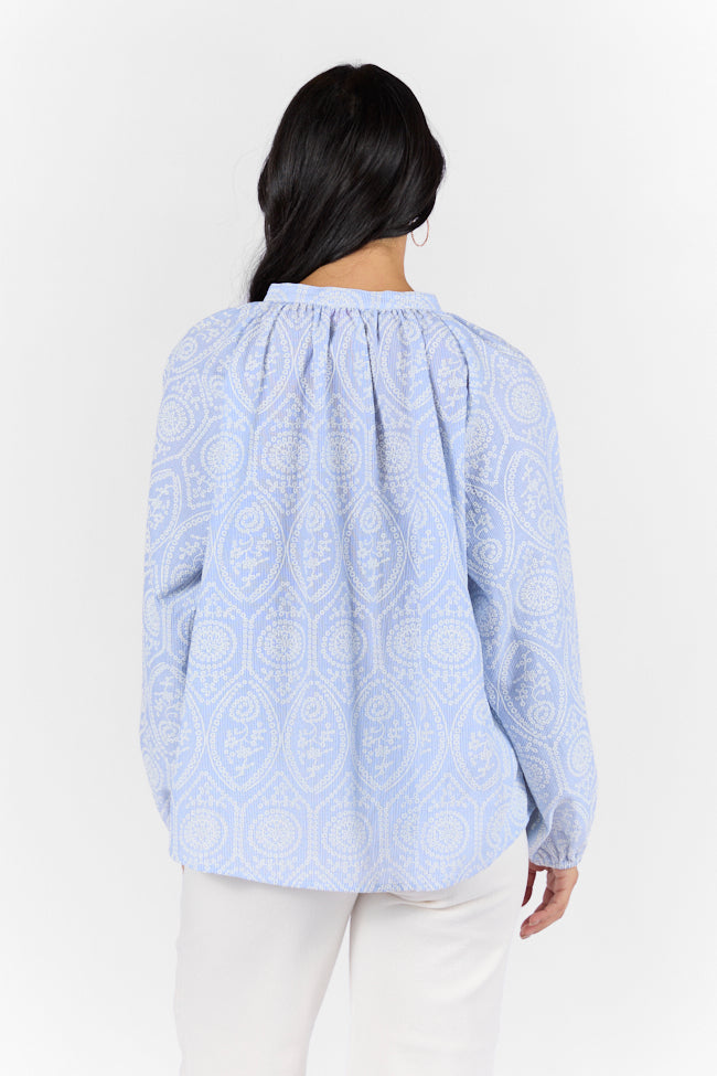 Downtown Delight Blue Embroidered Woven Button Down Blouse for Women | Casual Office Wear & Spring Outfits | Trendy Embellished Top for Work & Date Nights