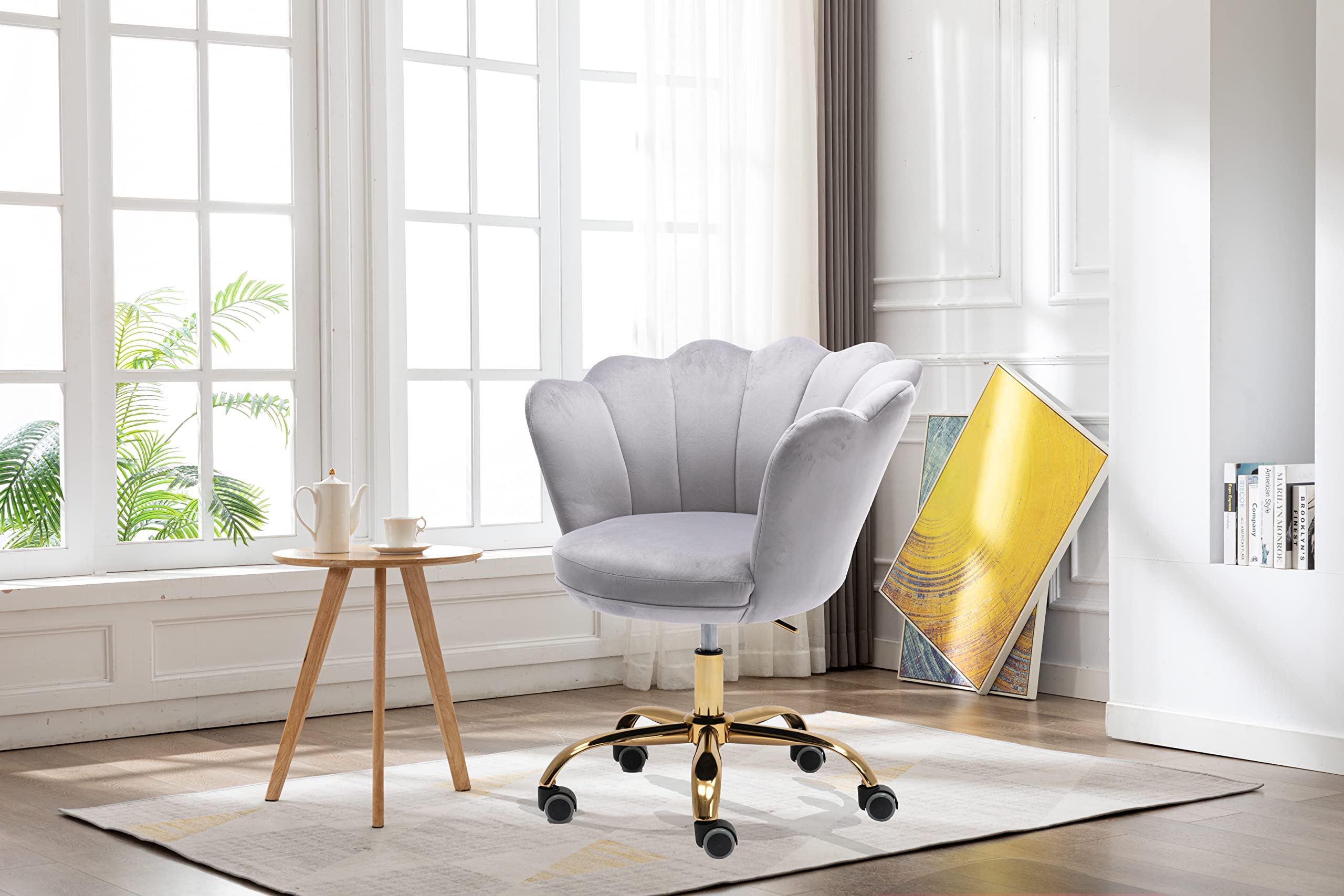 Ergonomic Home Office Chair with Wheels & Swivel - Adjustable Height Velvet Desk Chair for Work, Study, Gaming - Perfect for Living Room, Bedroom Vanity & Makeup Station (Light Grey)