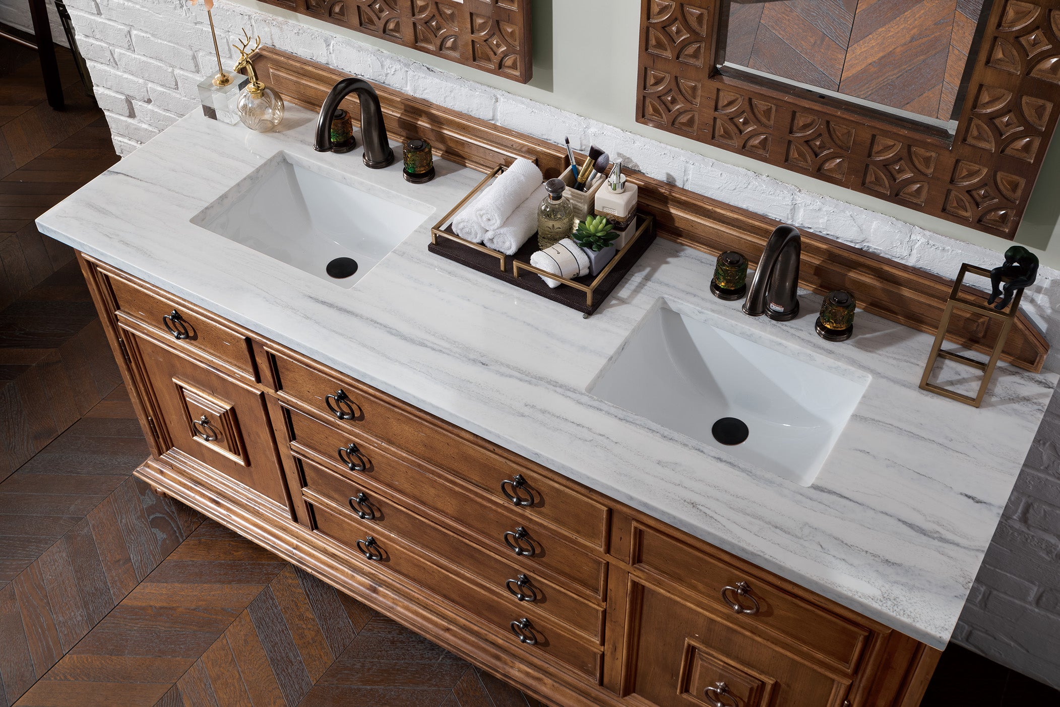 Mykonos 72 Inch Cinnamon Double Vanity with 3CM Arctic Fall Solid Surface Top - Modern Bathroom Vanity for Master Bath & Guest Bath Remodel