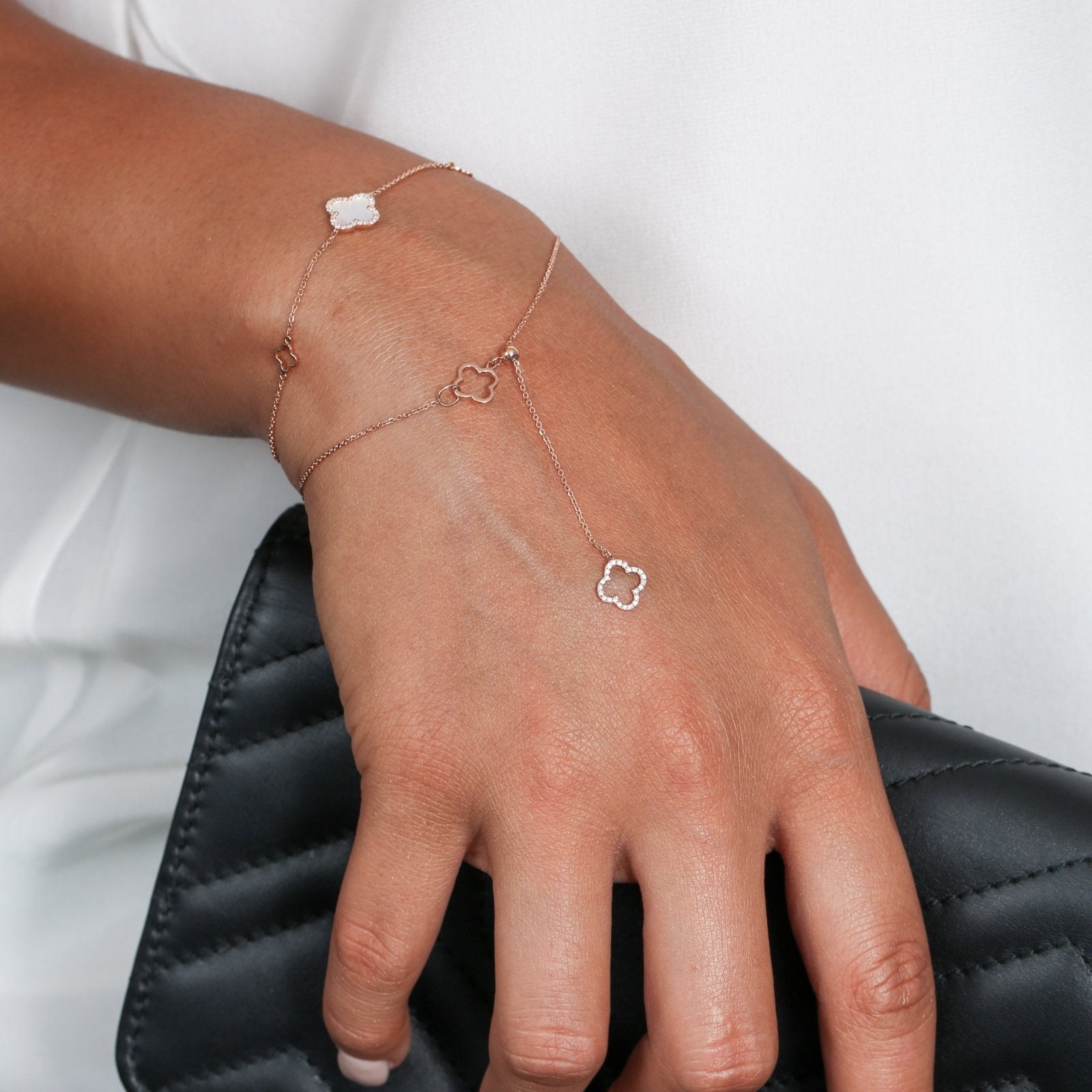 14k Rose Gold Mother of Pearl & Diamond Halo Clover Charm Bracelet - Elegant Jewelry Gift for Women, Perfect for Weddings, Anniversaries & Special Occasions