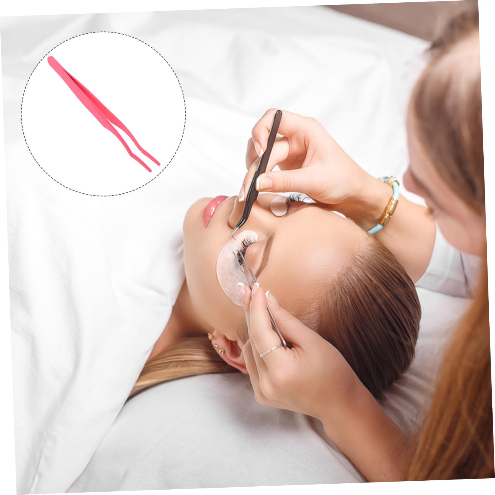 FRCOLOR Professional Stainless Steel Eyelash Tweezers - Pink Makeup Tweezers for Fake Eyelashes Application, Eyebrow Shaping & Precision Grooming | Perfect for Salon, Home Use & Travel Makeup Kit