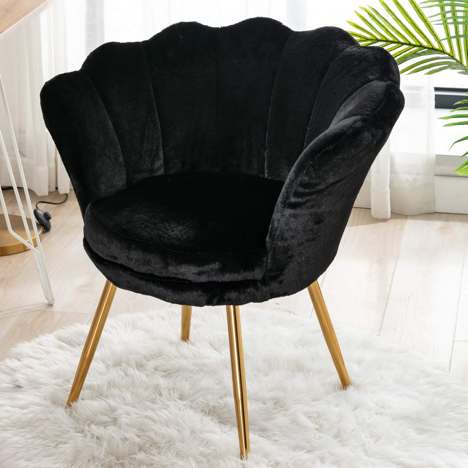 Modern Furry Accent Chair with Back & Arms - Upholstered Single Seater for Living Room & Bedroom - Soft Comfy Vanity Makeup Chair with Gold Metal Legs (Black Fur) - Perfect for Cozy Sitting, Home Decor & Dressing Area