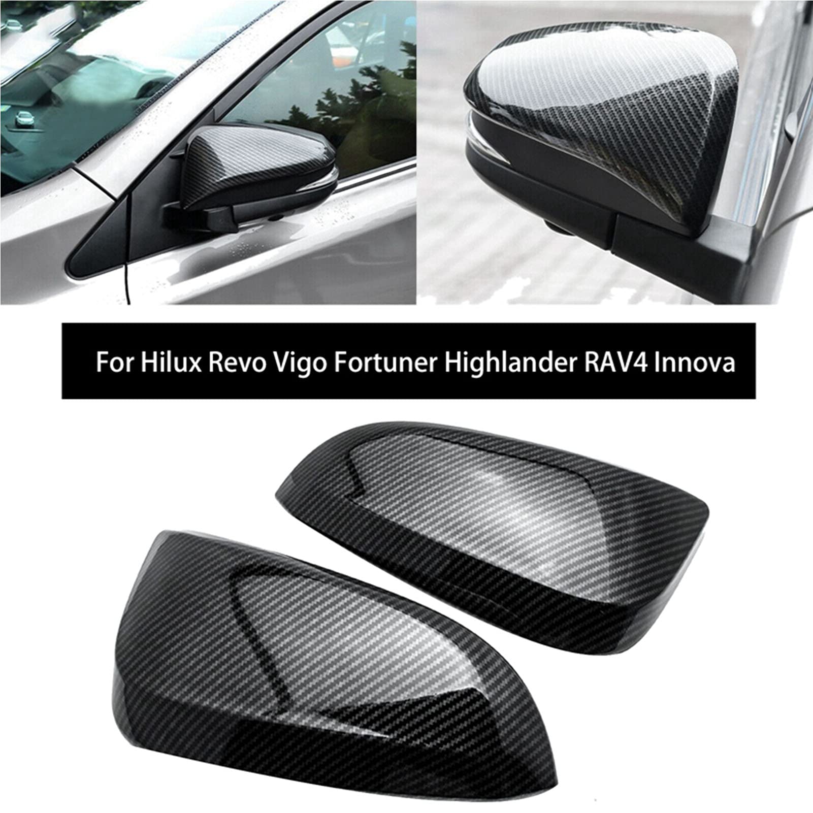 Carbon Fiber Side Mirror Covers (2pcs) - Compatible with Toyota Hilux Revo Vigo, Fortuner, Highlander, RAV4, Innova - Durable Exterior Accessories for Enhanced Style & Protection - Perfect for Off-Roading & Daily Commuting