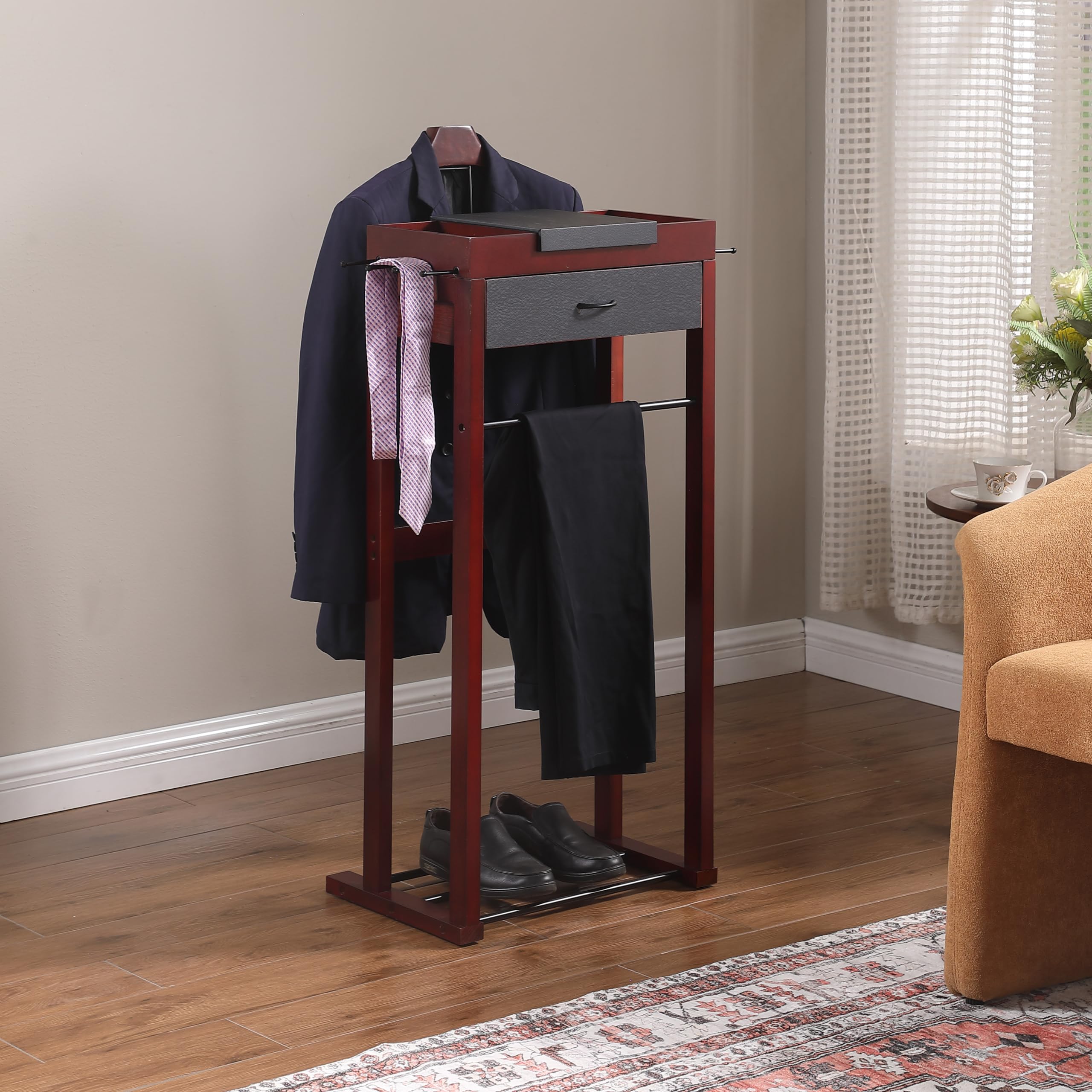 Premium Winston Wooden Clothes Valet Stand - Freestanding Wardrobe Organizer with Hanger, Pant Rod, Drawer, Tie Hook & Shoe Tray for Men & Women - Mahogany Finish - Perfect for Bedroom, Walk-in Closet & Dressing Room Organization
