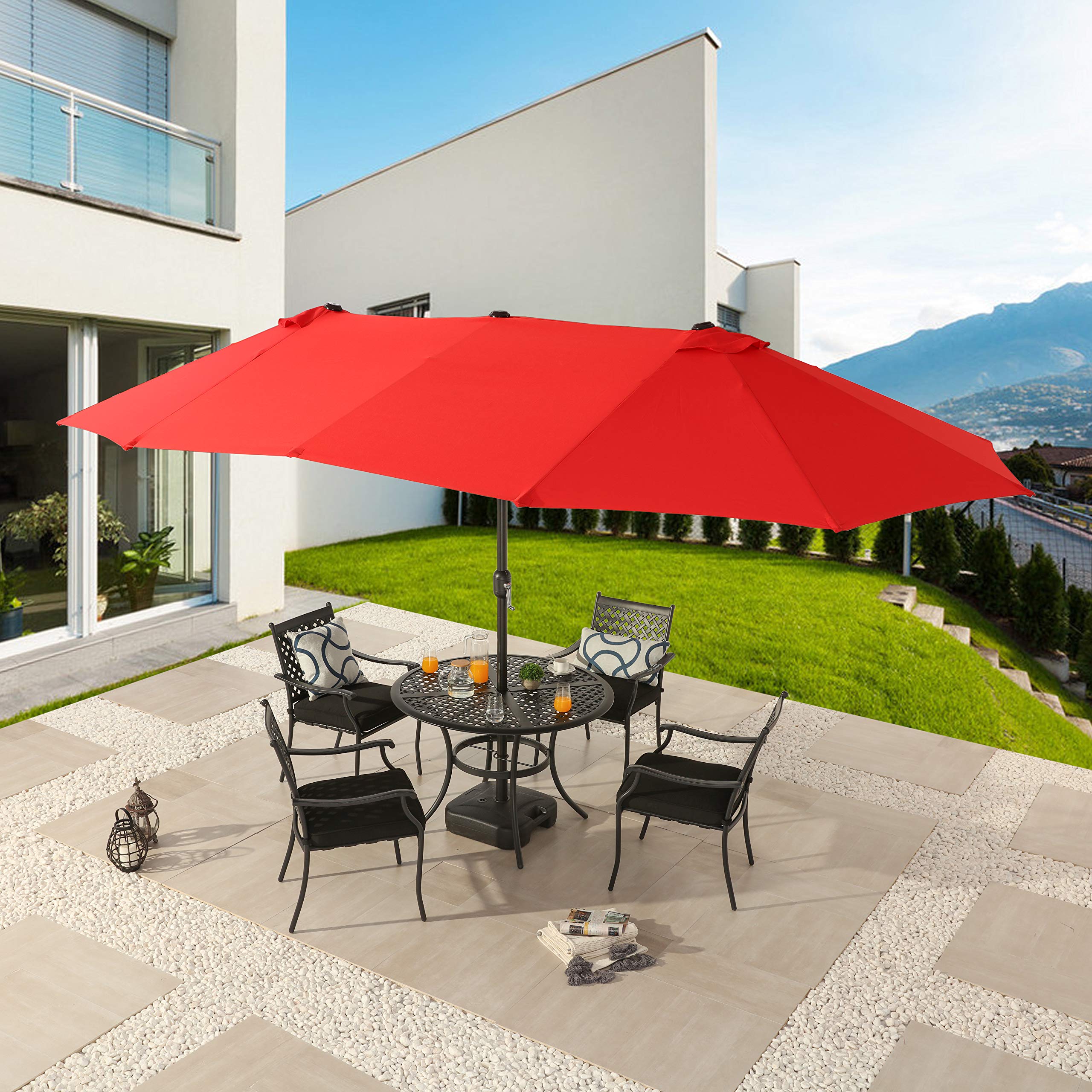 LOKATSE HOME 15FT Double-Sided Outdoor Patio Umbrella with Crank - Aluminum Garden Market Umbrella, Twin Sun Canopy in 2-Tone Red - Perfect for Poolside, Backyard, Restaurant & Beach Shade