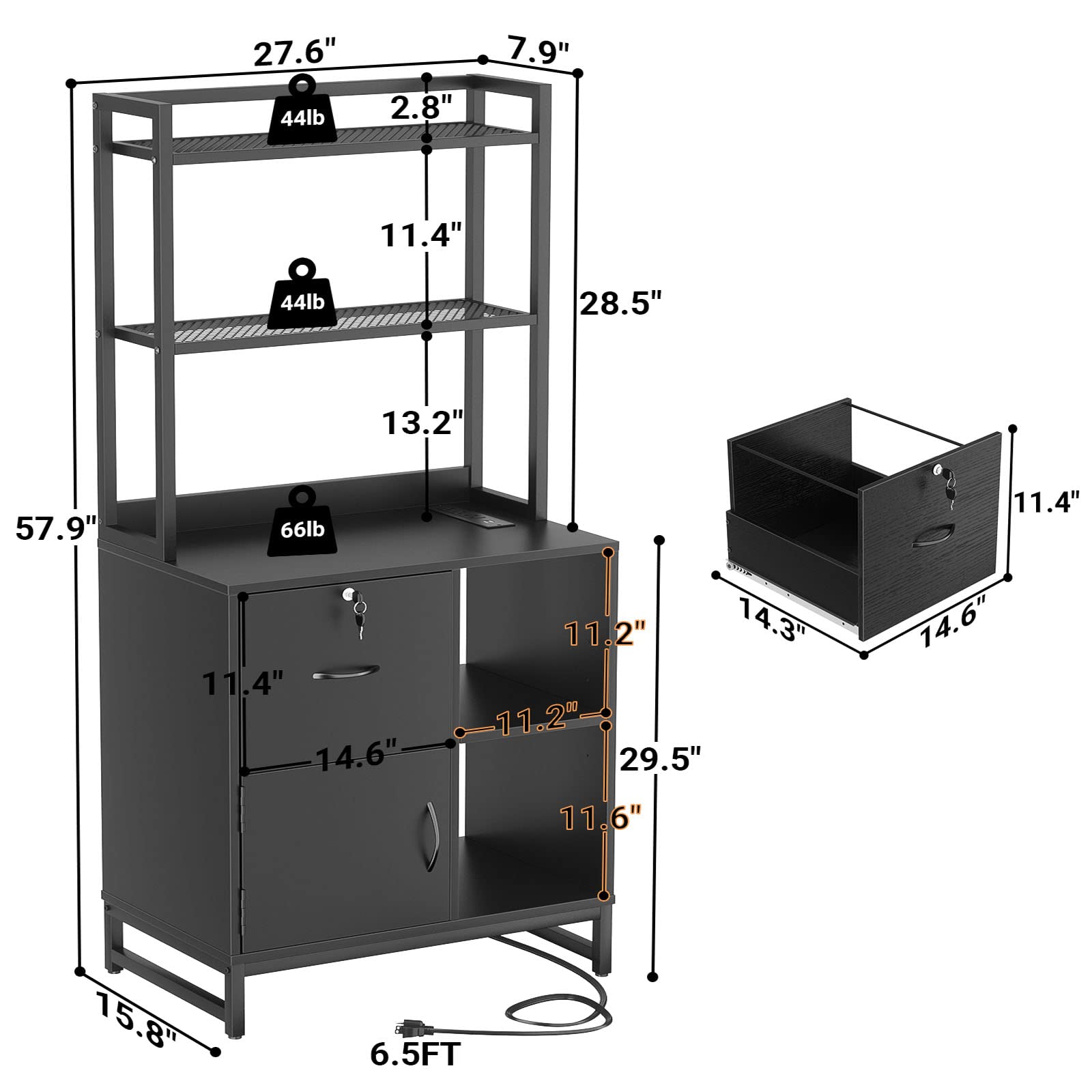 Homieasy Black Vertical Locking File Cabinet with Charging Station & Bookshelf - Large Wooden Drawer, Printer Stand & Open Storage Shelf - Letter Size Home Office Organizer for Documents, Supplies & Electronics (Perfect for Small Spaces & Workspaces)